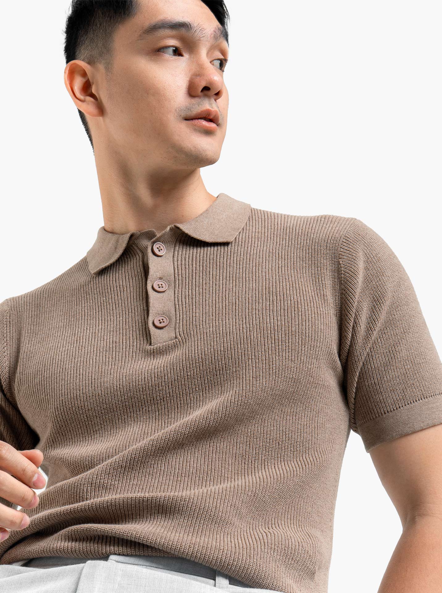 Gomuda Cord Polo Button Neck Khaki Knitwear