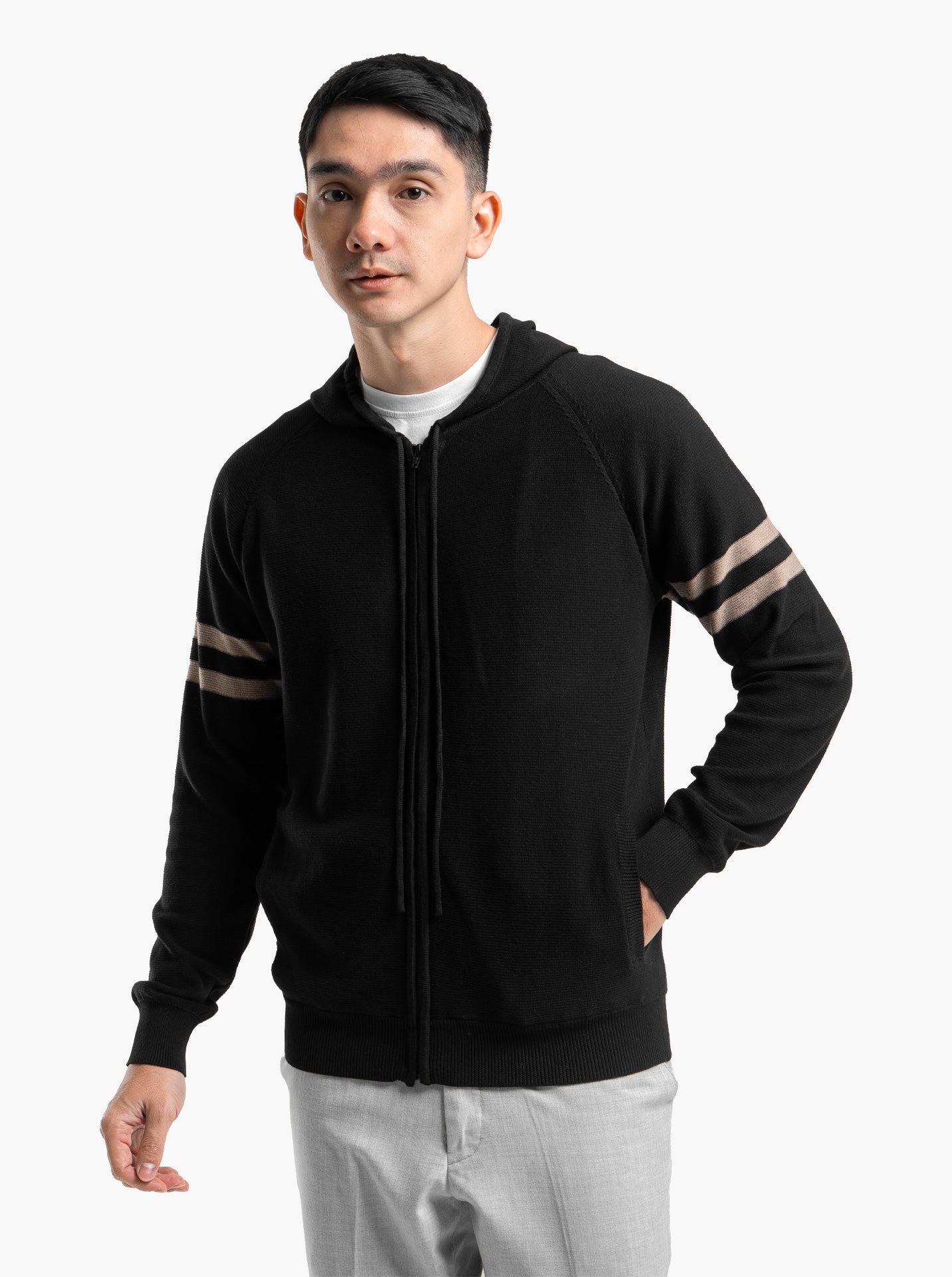 Gomuda Raglan Hoodie Full Zip Black Stripe Khaki Knitwear