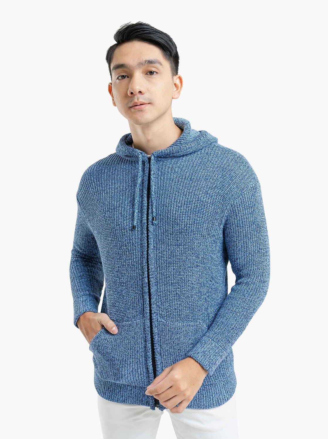 Blue Denim Hoodie Full Zip Knitwear - Gomuda
