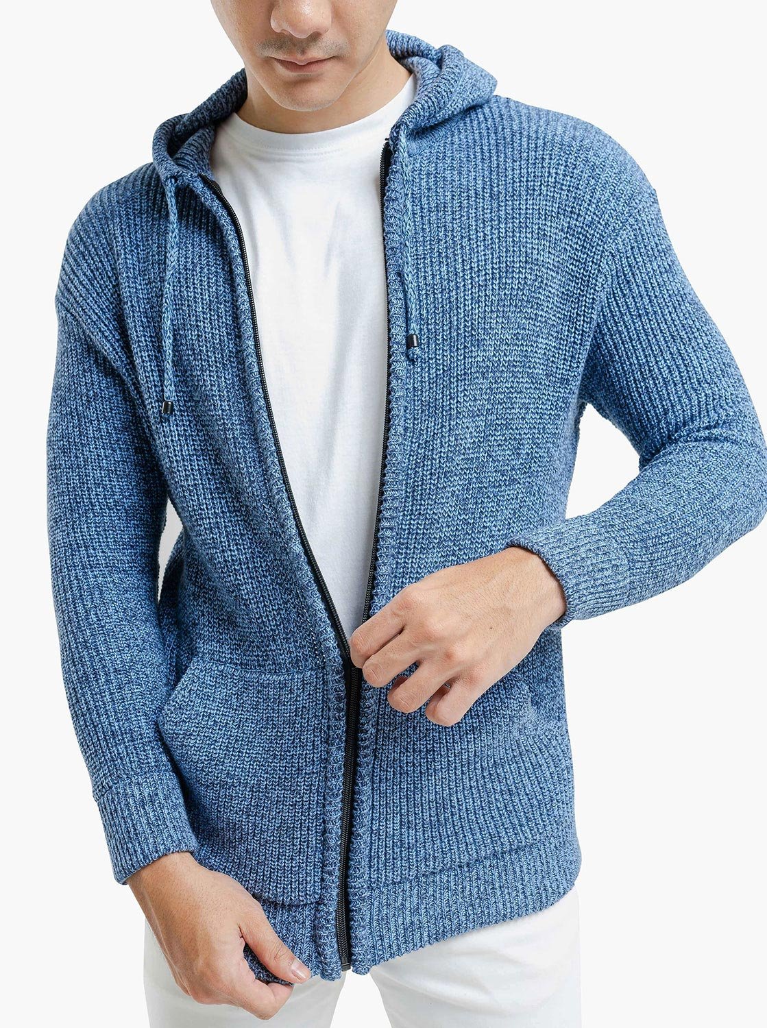 Blue Denim Hoodie Full Zip Knitwear - Gomuda