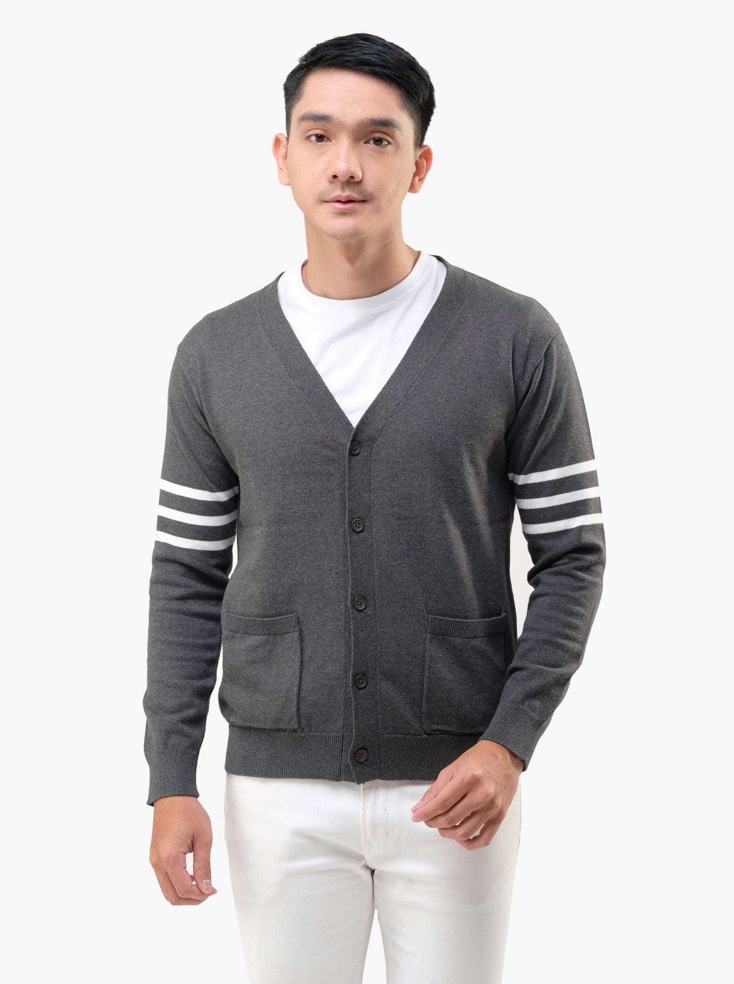 Dark Grey Cardigan Stripe Knitwear with Pocket - Gomuda