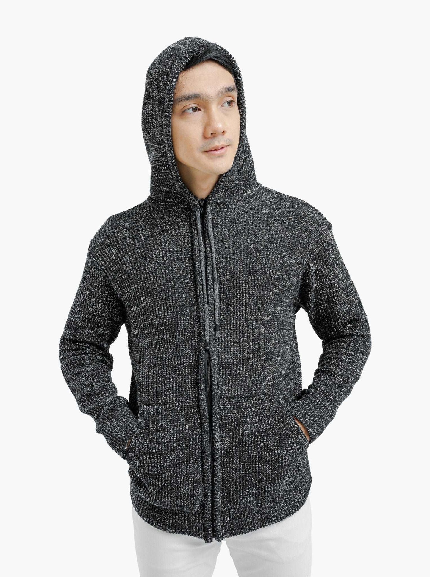 Grey Hoodie Full Zip Knitwear - Gomuda
