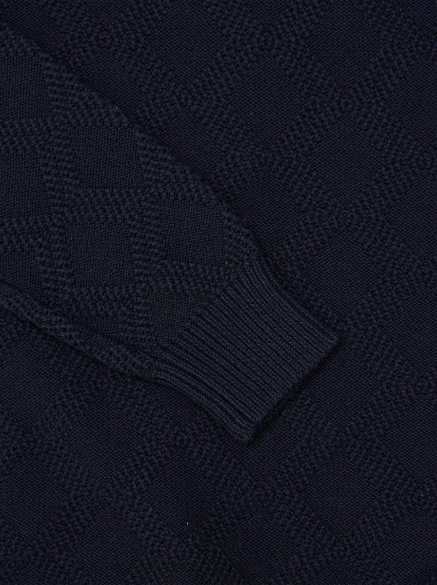 Navy Cable Diamond Zip Mockneck Knitwear - gomuda