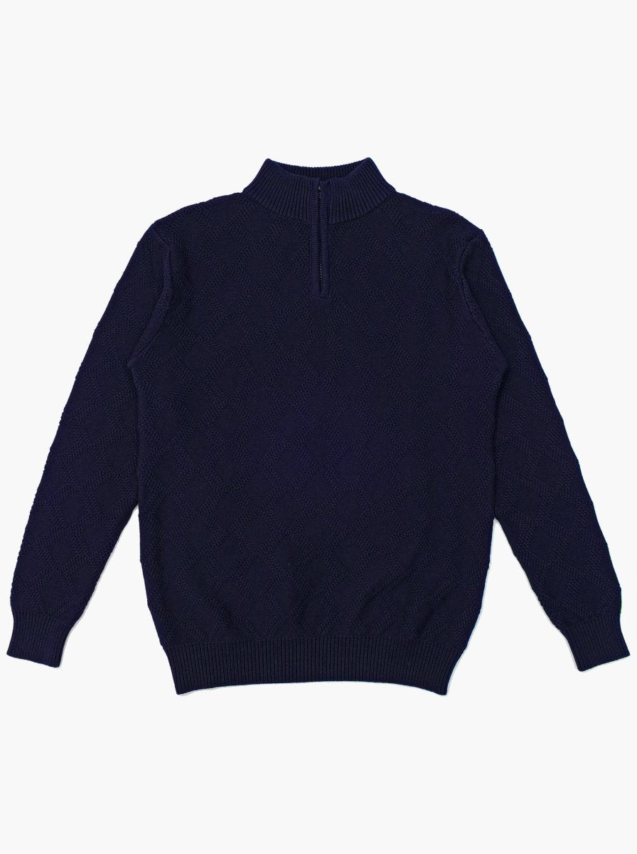 Navy Cable Diamond Zip Mockneck Knitwear - gomuda