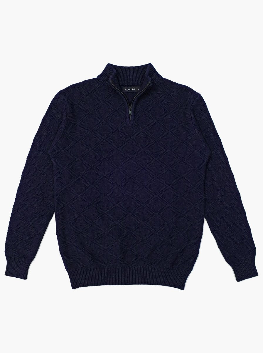 Navy Cable Diamond Zip Mockneck Knitwear - gomuda