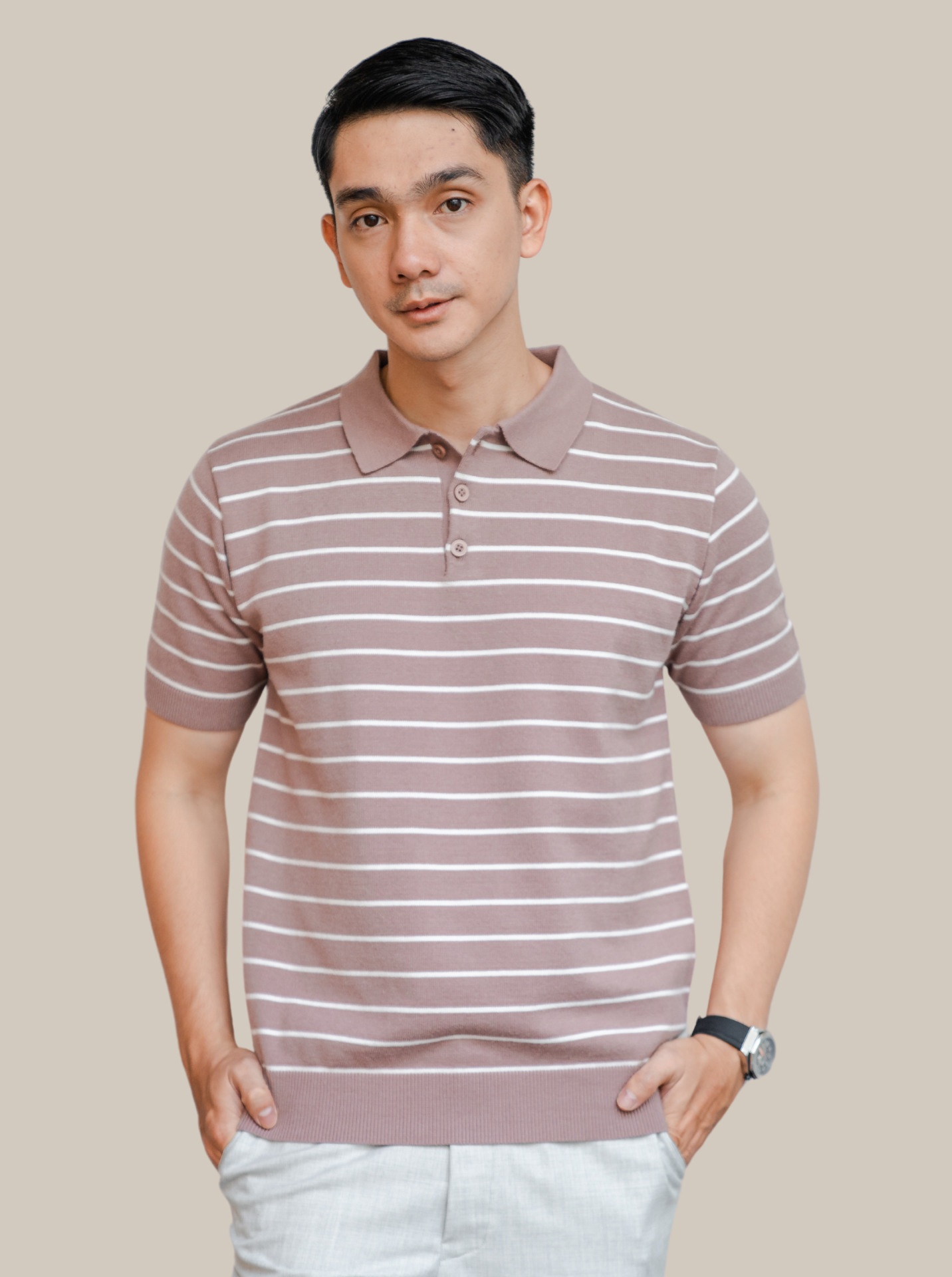 Mocca Viscose Boxy Polo Stripe Knitwear