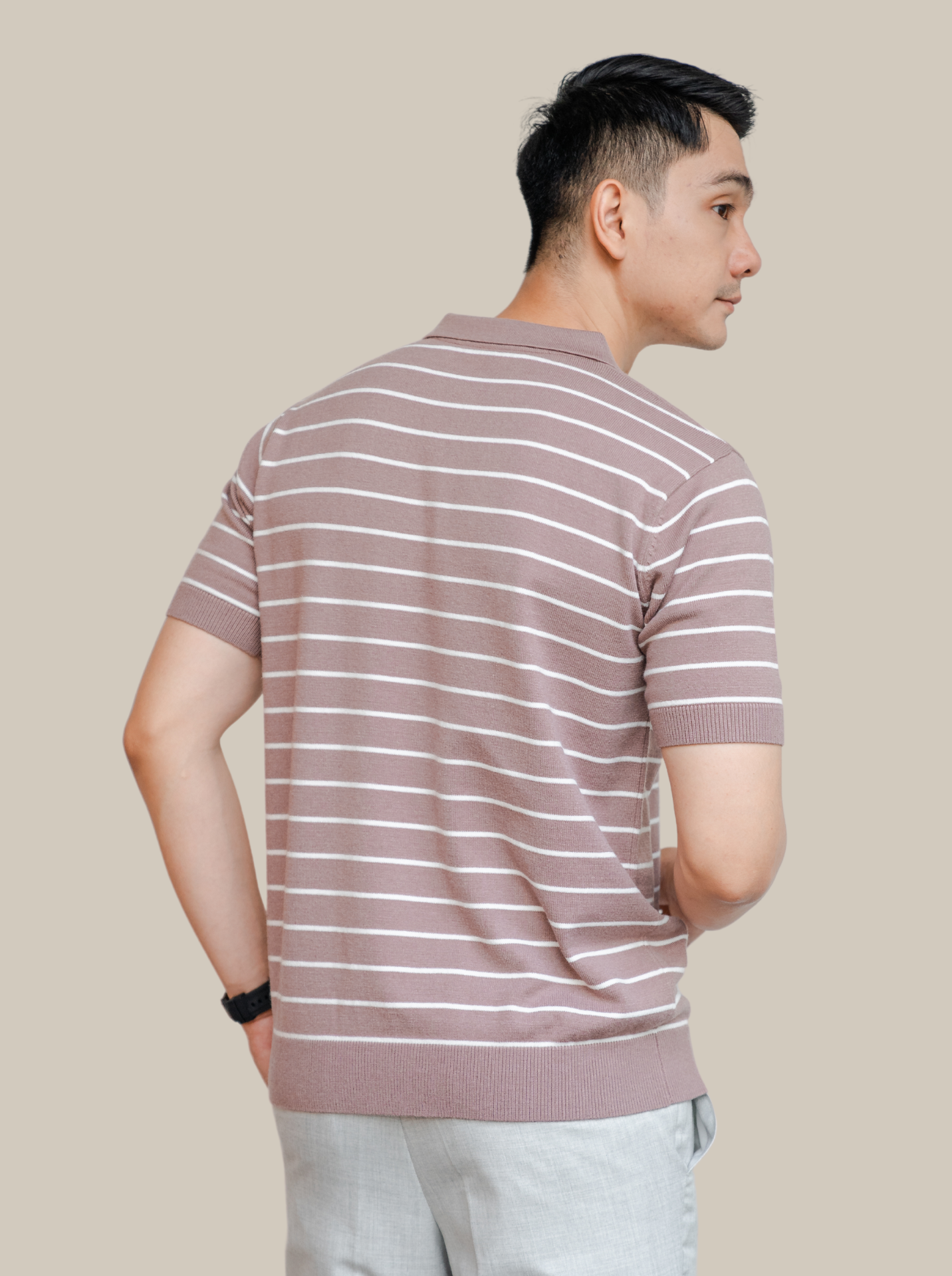 Mocca Viscose Boxy Polo Stripe Knitwear