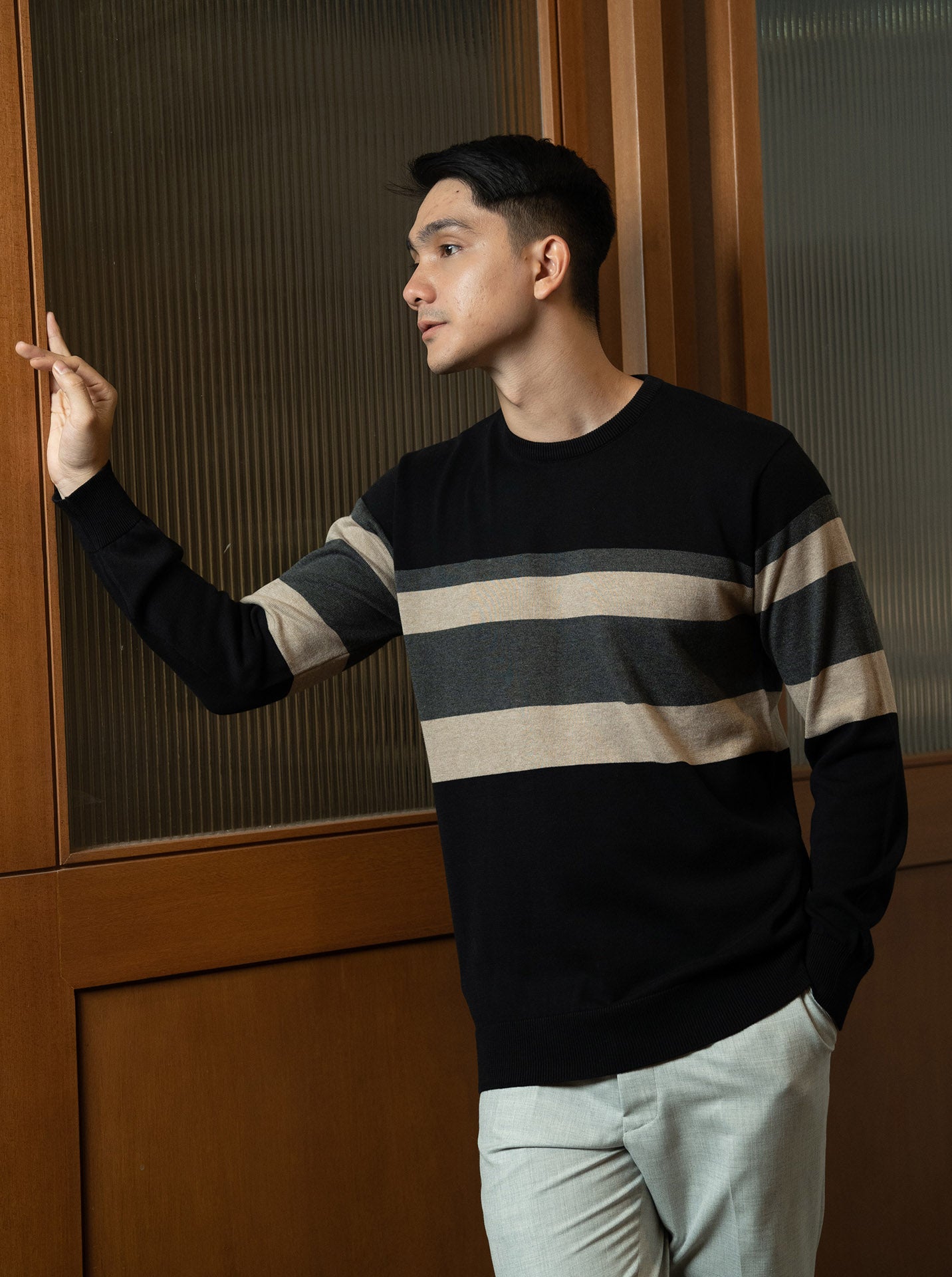 Black Crewneck Stripe Pongo Knitwear