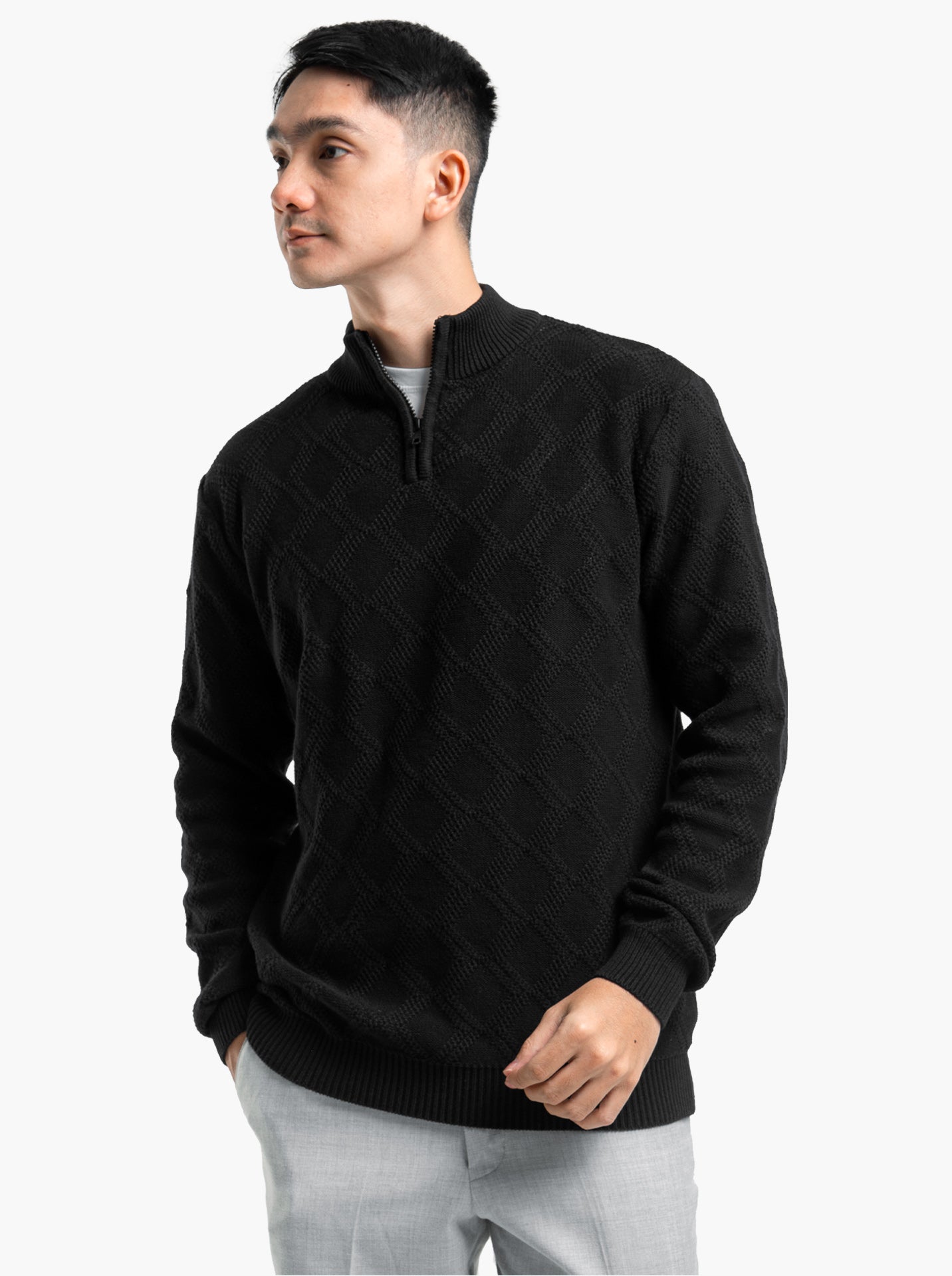 Cable Diamond Zip Mockneck Black Knitwear