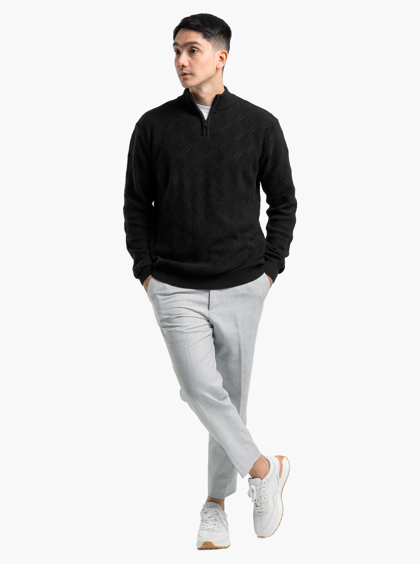 Cable Diamond Zip Mockneck Black Knitwear