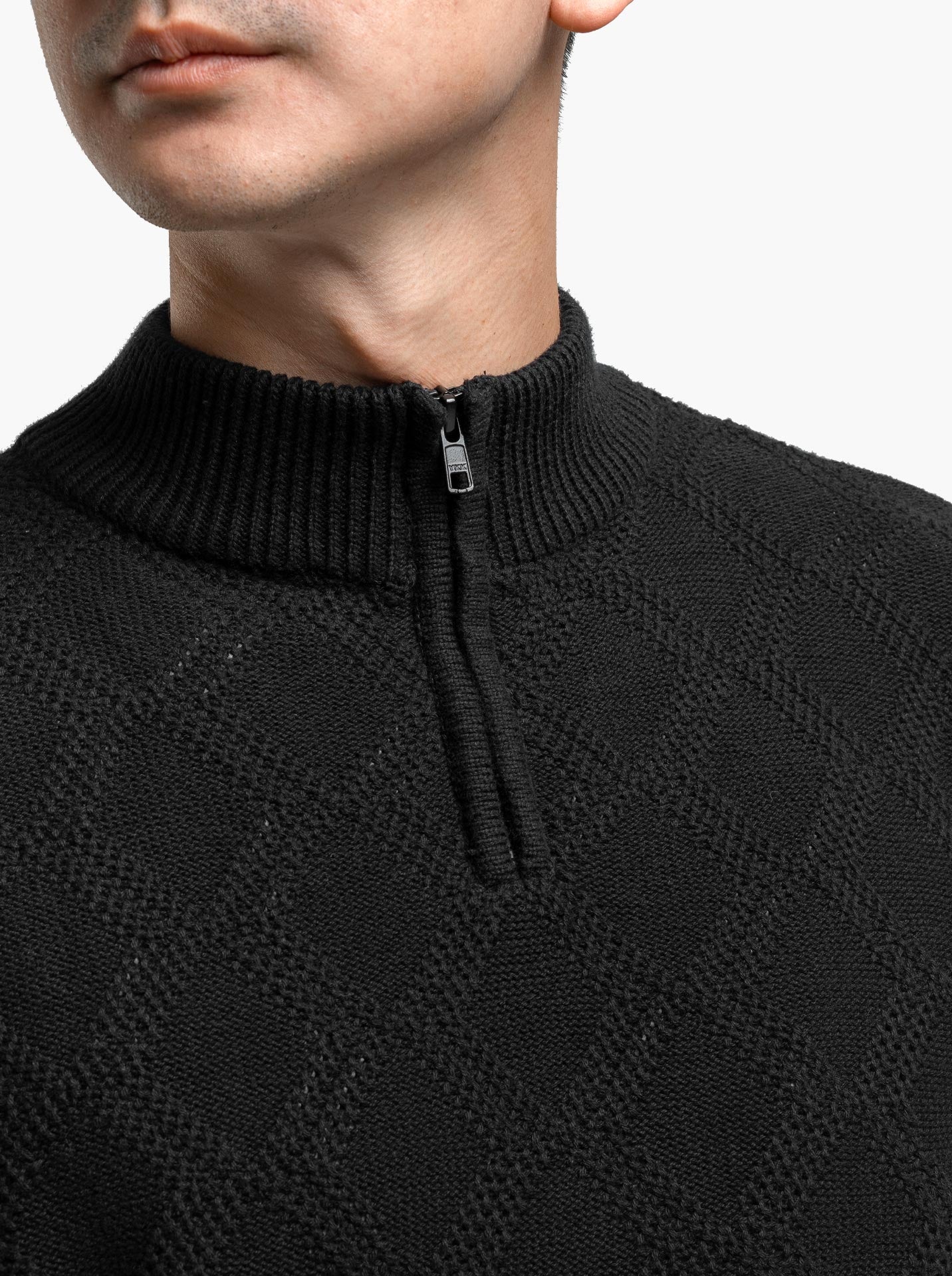 Cable Diamond Zip Mockneck Black Knitwear
