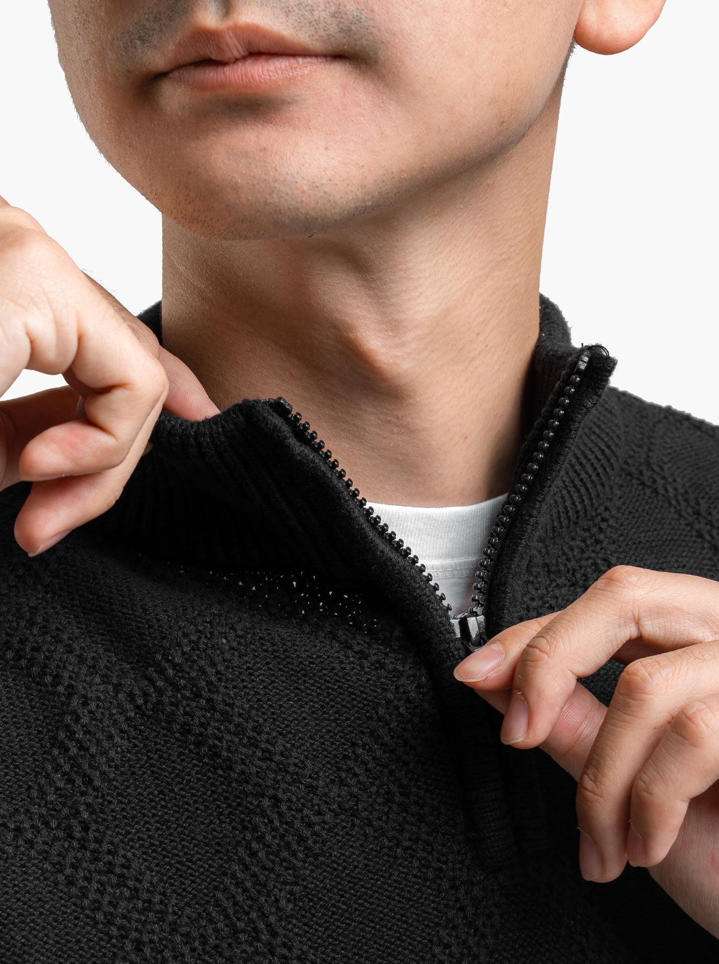Cable Diamond Zip Mockneck Black Knitwear