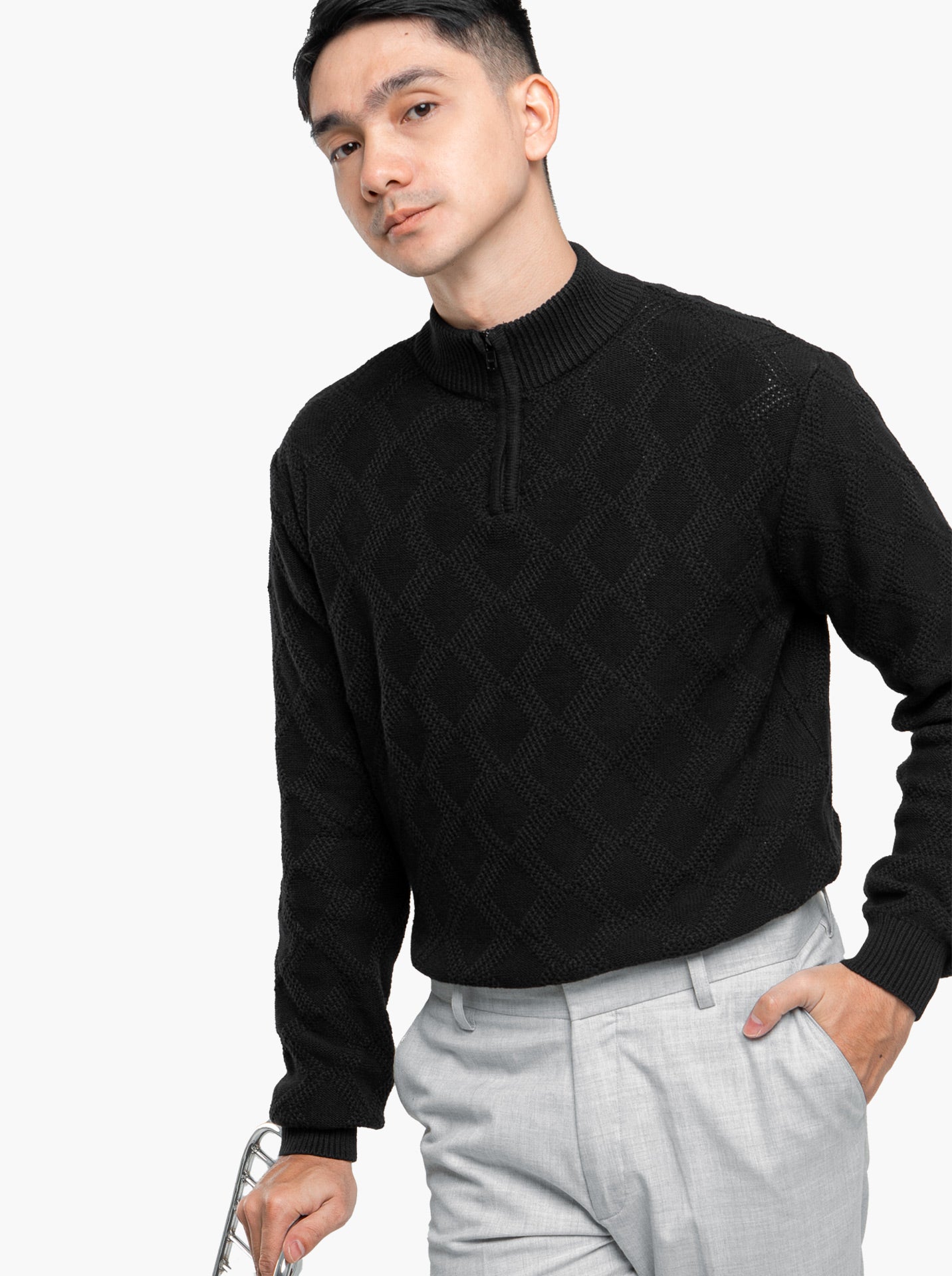 Cable Diamond Zip Mockneck Black Knitwear