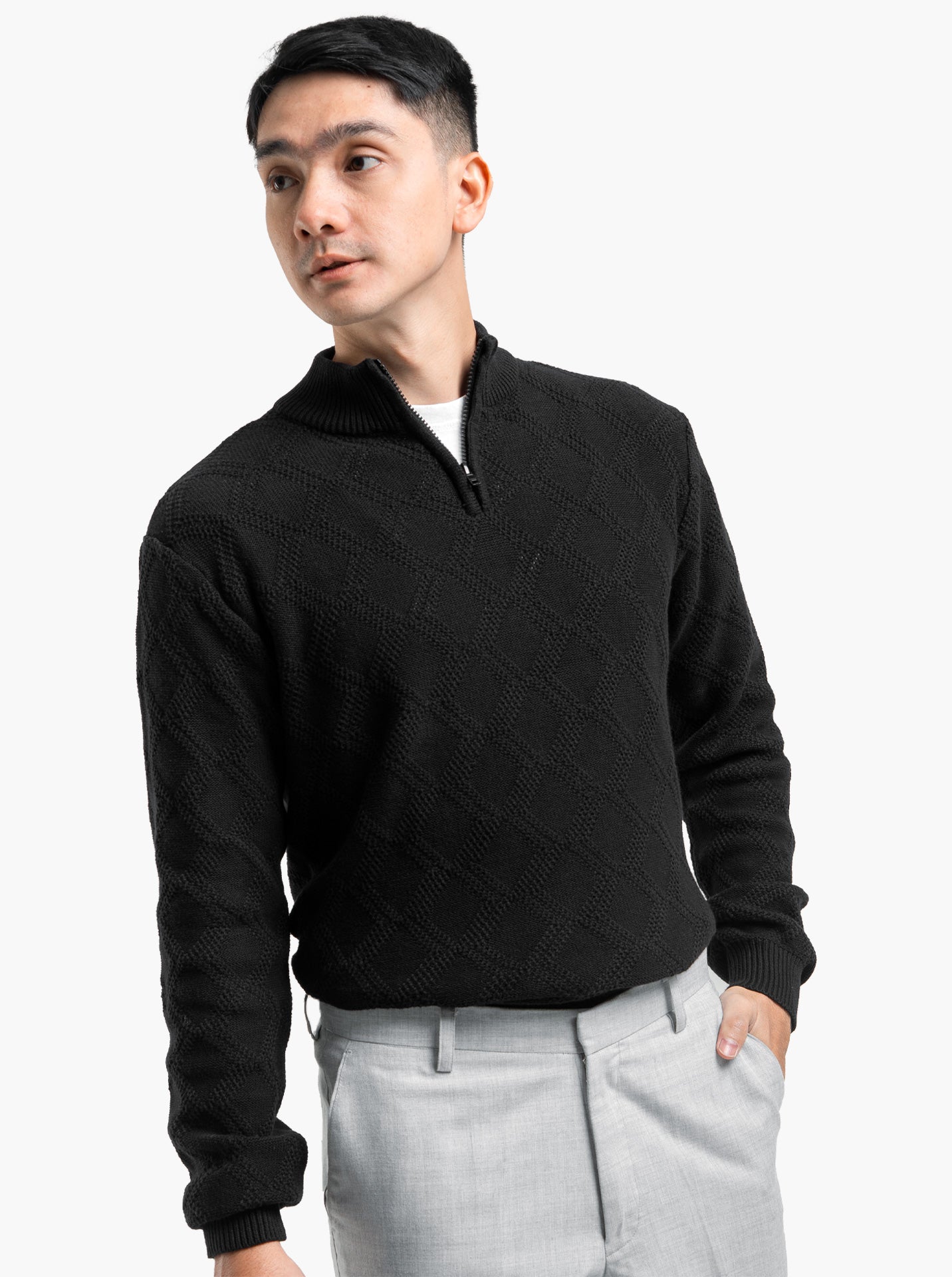 Cable Diamond Zip Mockneck Black Knitwear