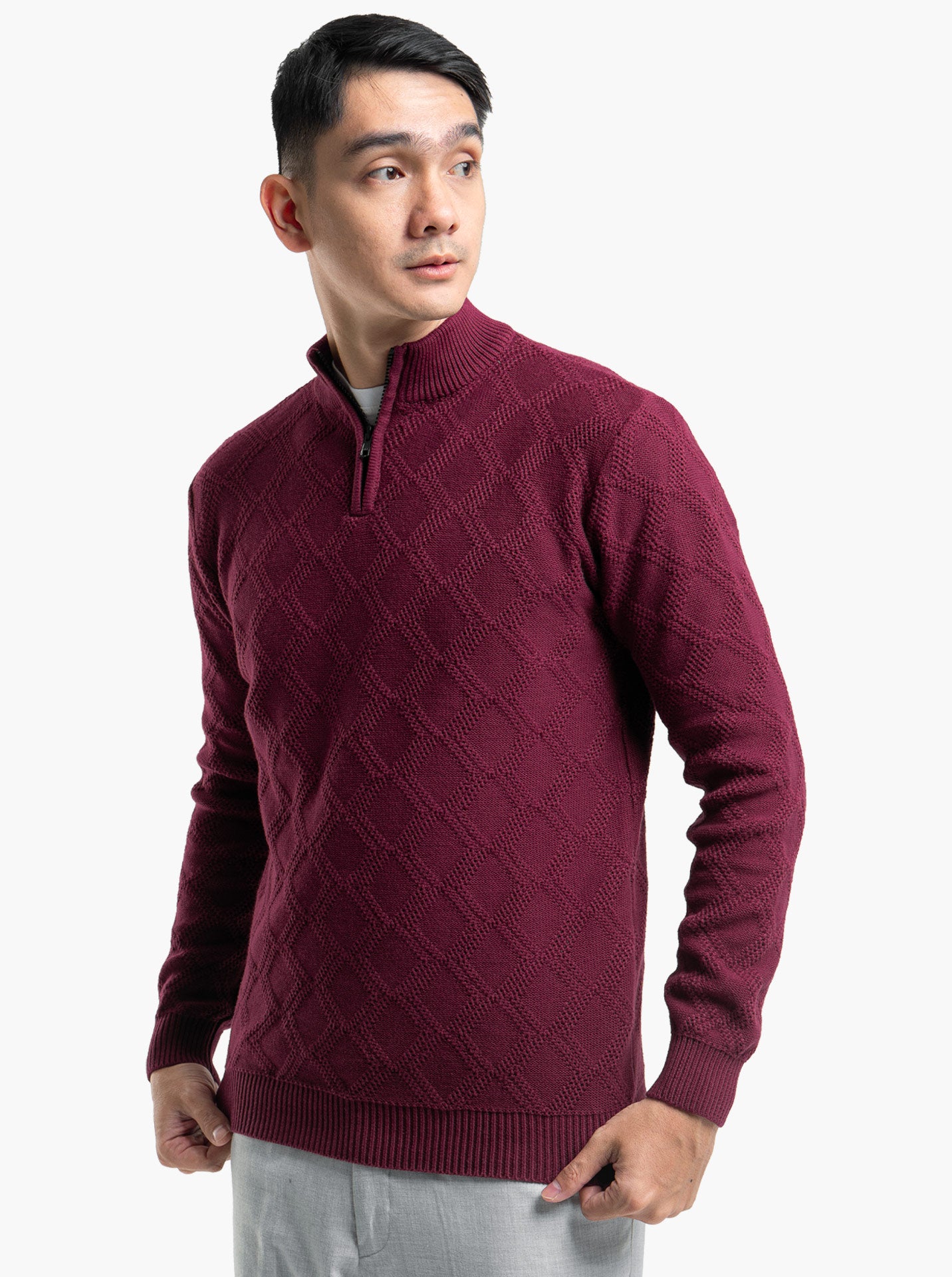 Cable Diamond Zip Mockneck Maroon Knitwear