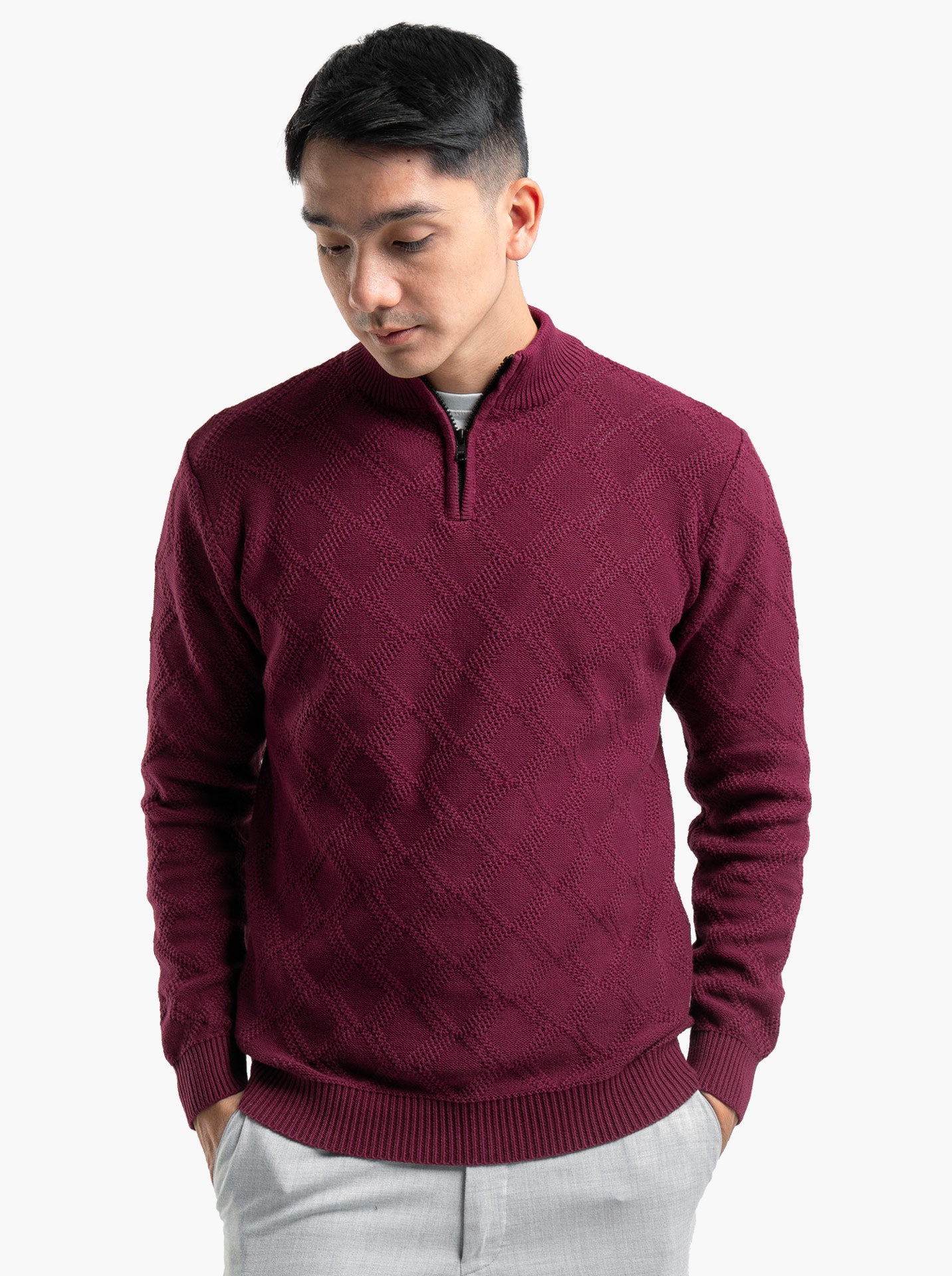 Cable Diamond Zip Mockneck Maroon Knitwear