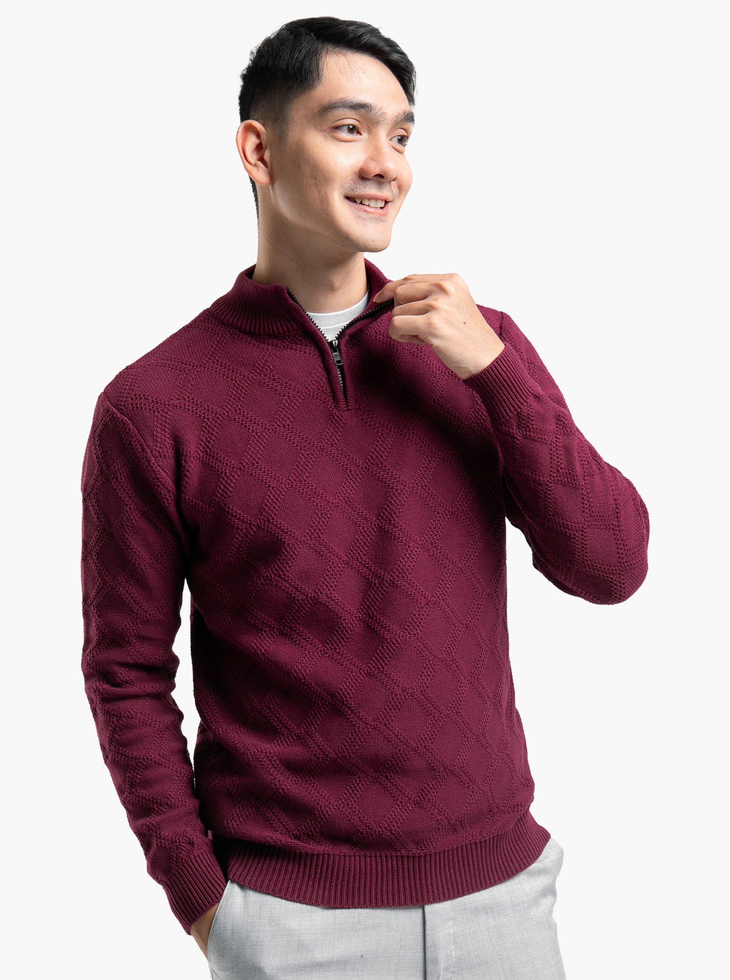 Cable Diamond Zip Mockneck Maroon Knitwear