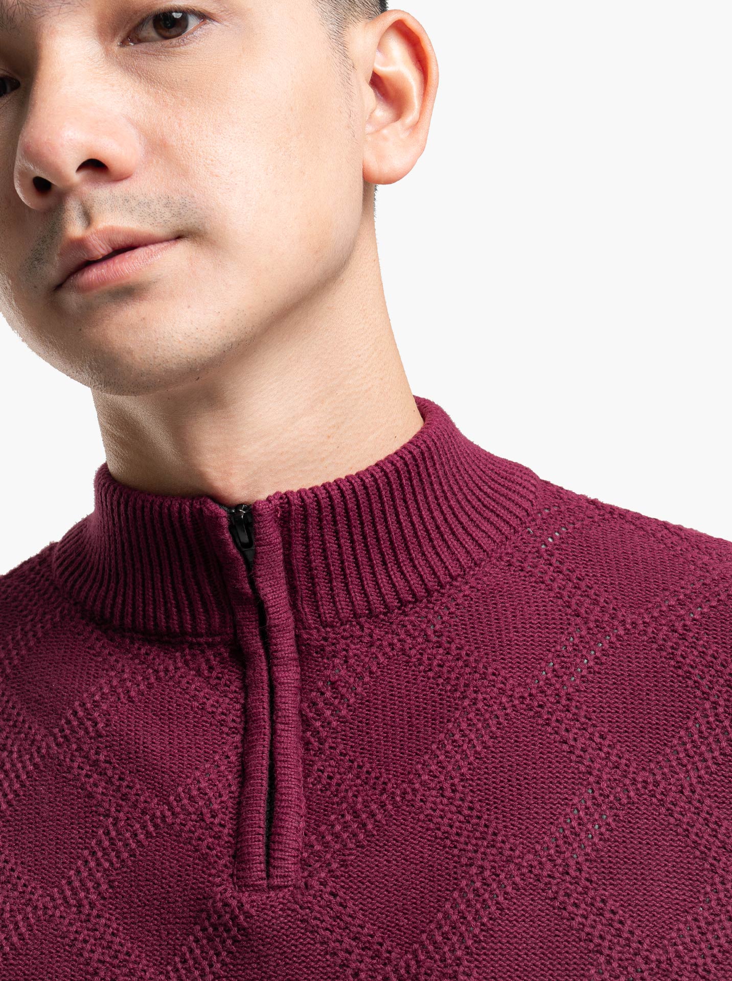 Cable Diamond Zip Mockneck Maroon Knitwear