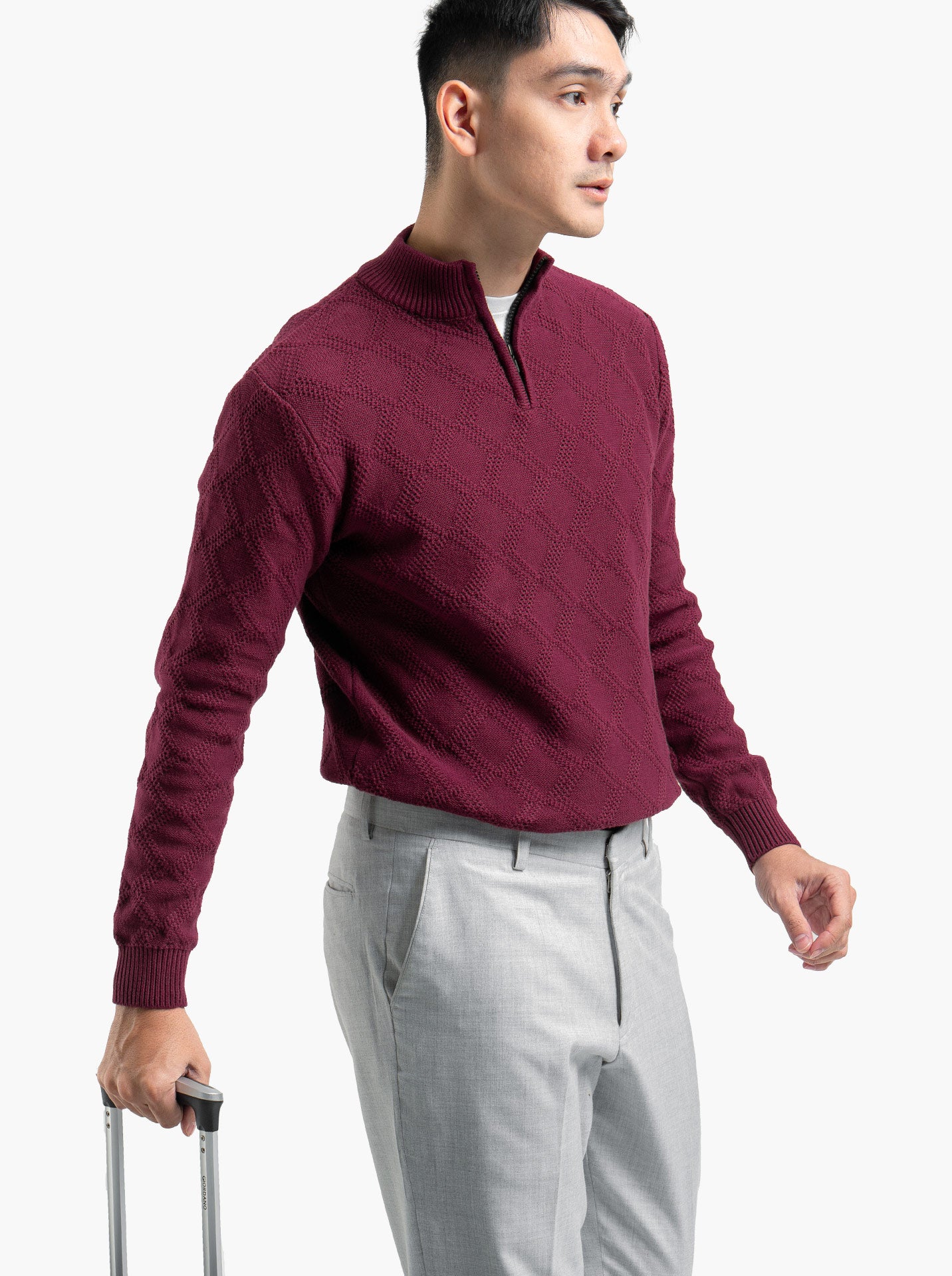 Cable Diamond Zip Mockneck Maroon Knitwear