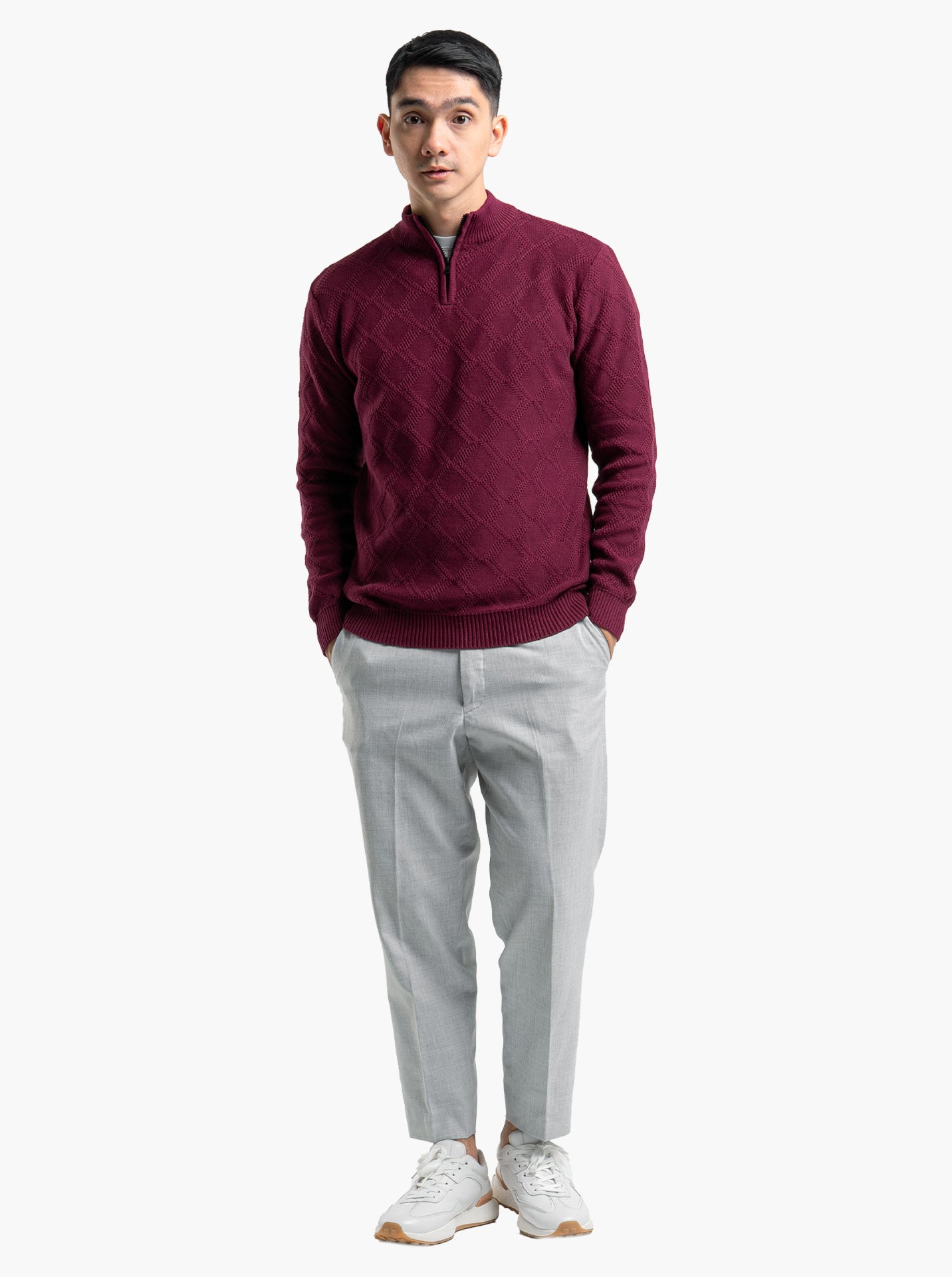Cable Diamond Zip Mockneck Maroon Knitwear 8