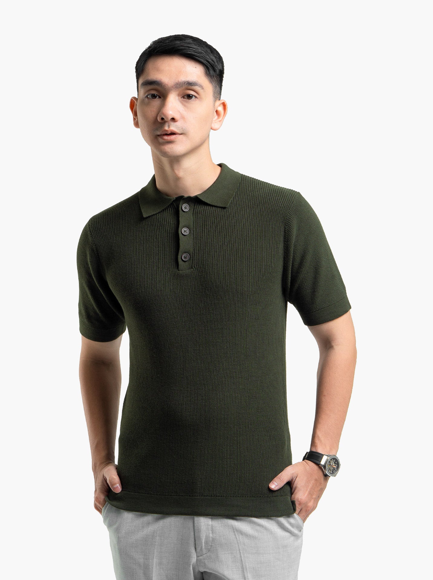 Gomuda Cord Polo Button Neck Army Green Knitwear