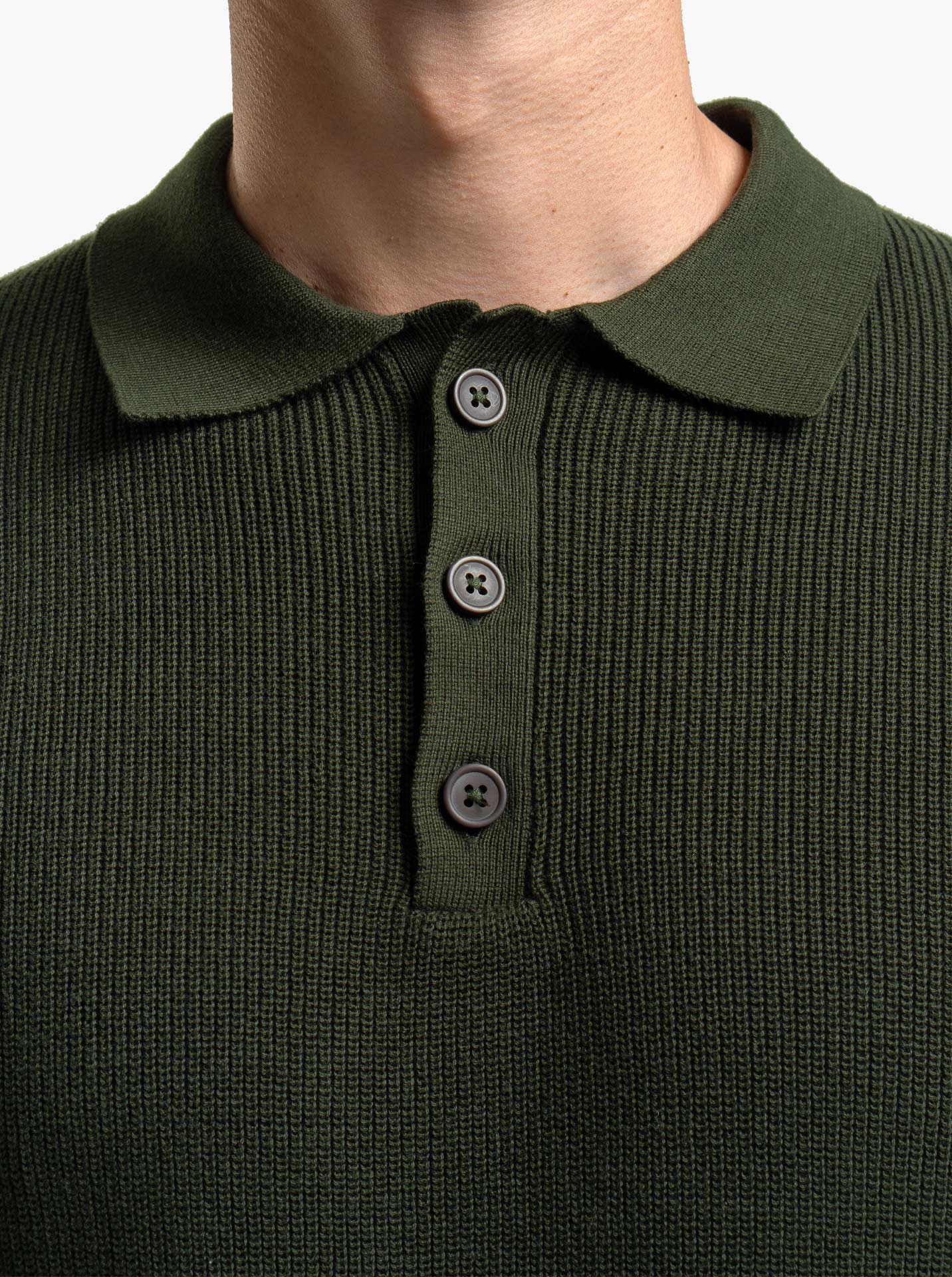 Gomuda Cord Polo Button Neck Army Green Knitwear