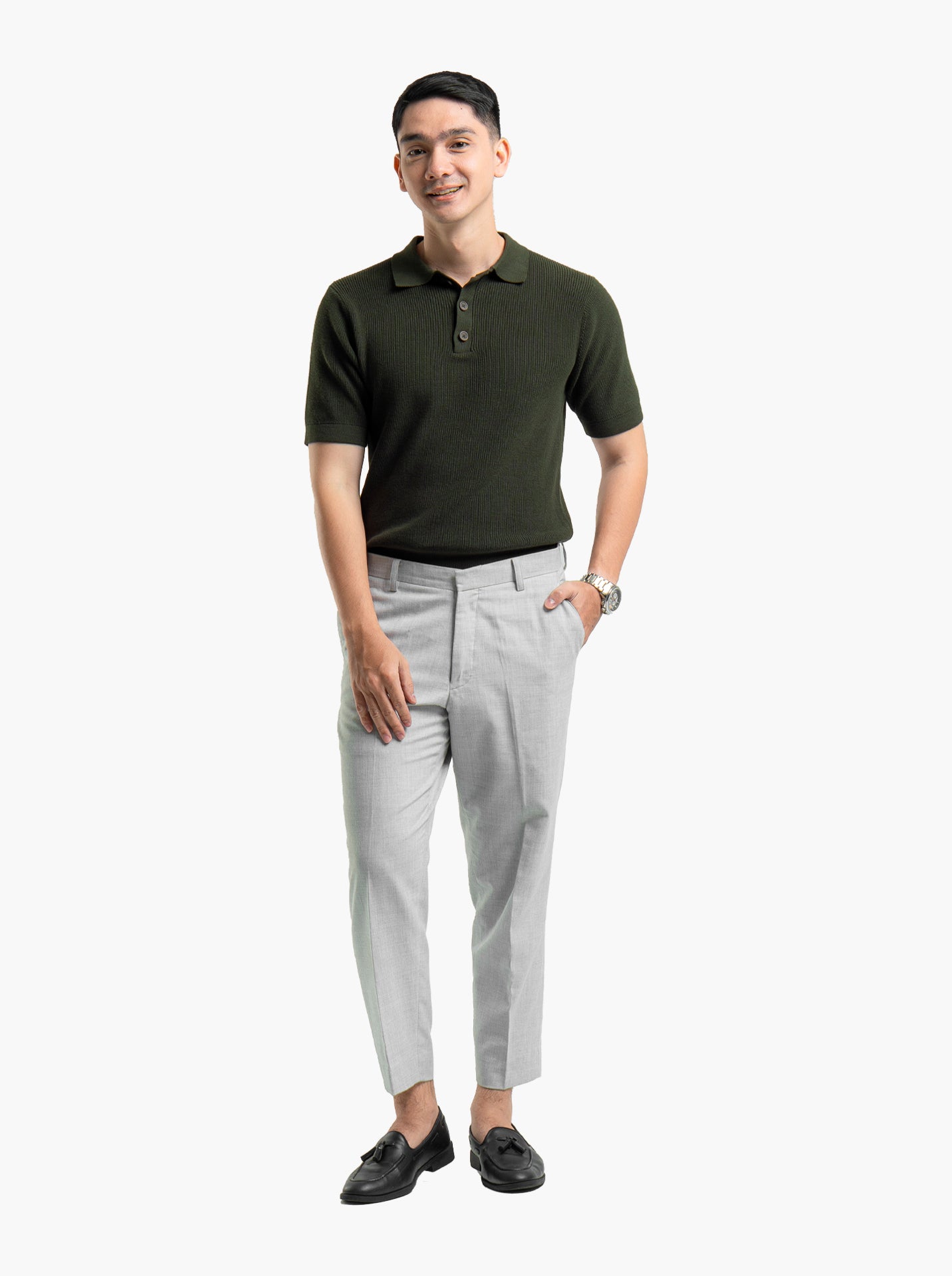 Gomuda Cord Polo Button Neck Army Green Knitwear