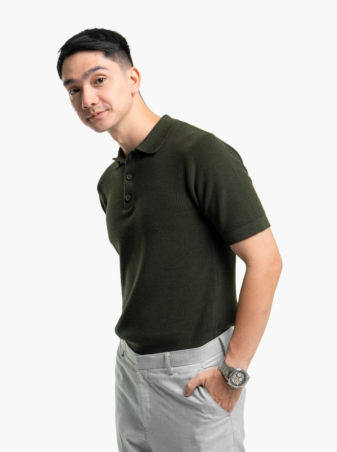Gomuda Cord Polo Button Neck Army Green Knitwear