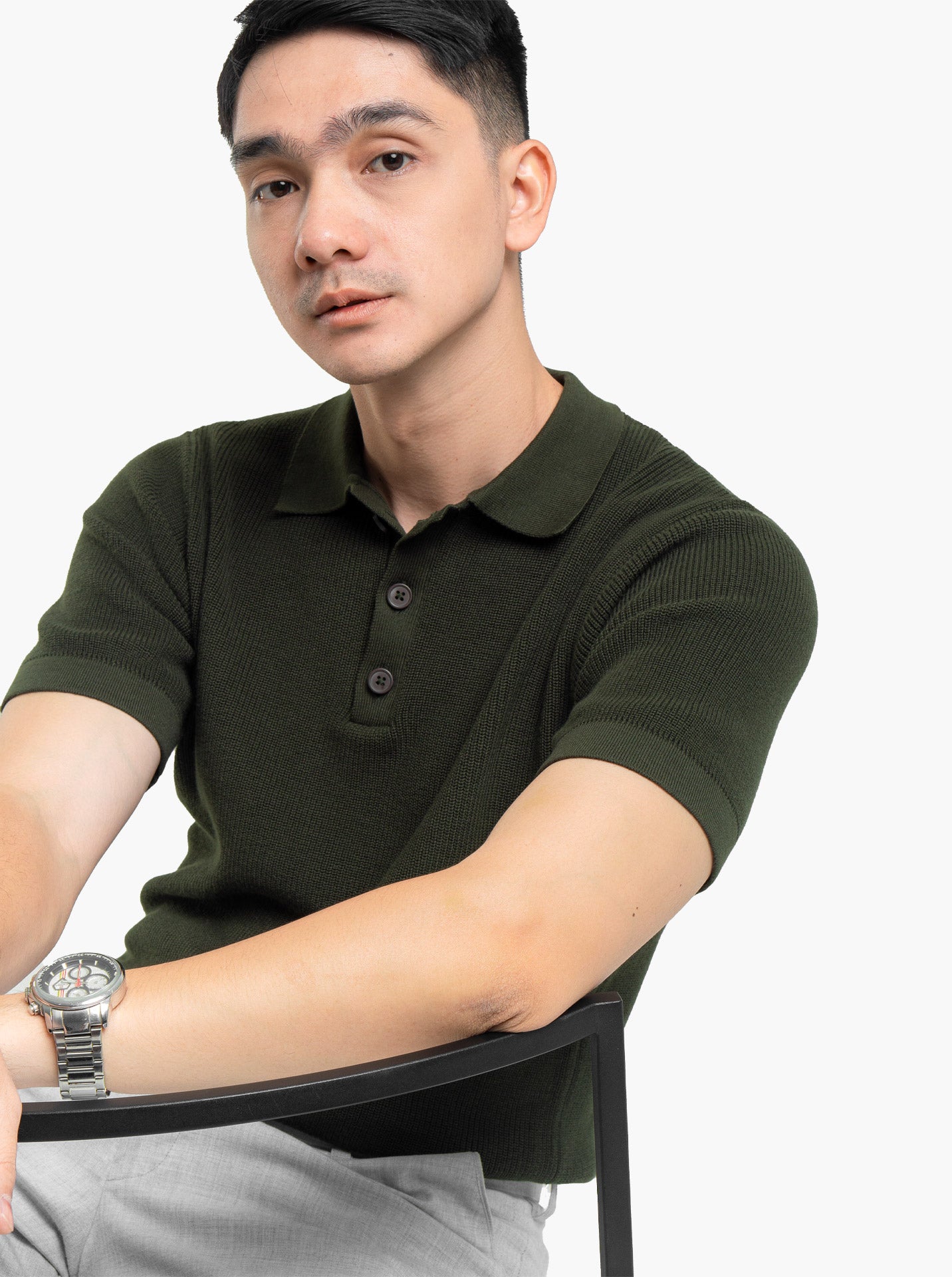 Gomuda Cord Polo Button Neck Army Green Knitwear