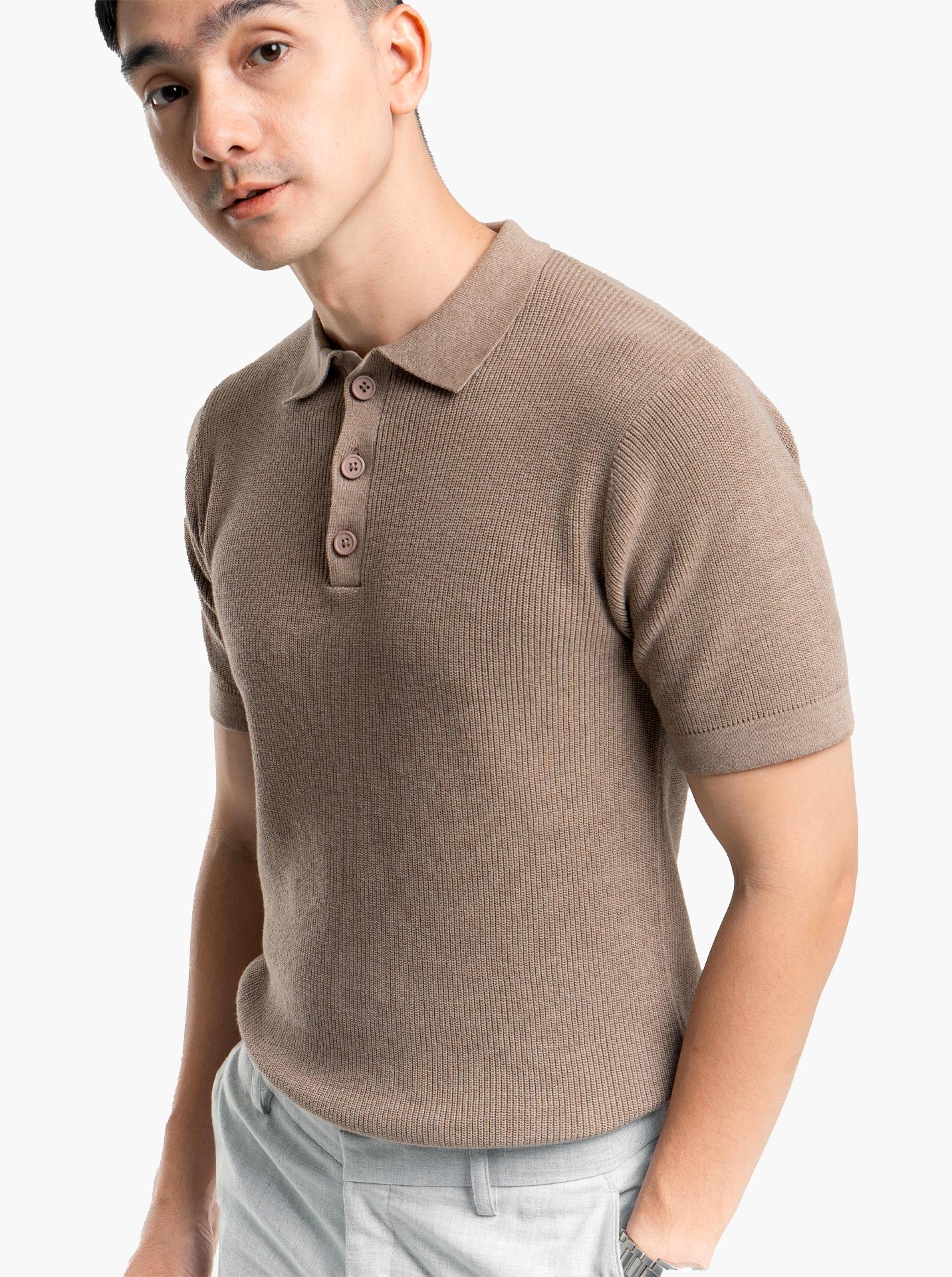 Gomuda Cord Polo Button Neck Khaki Knitwear