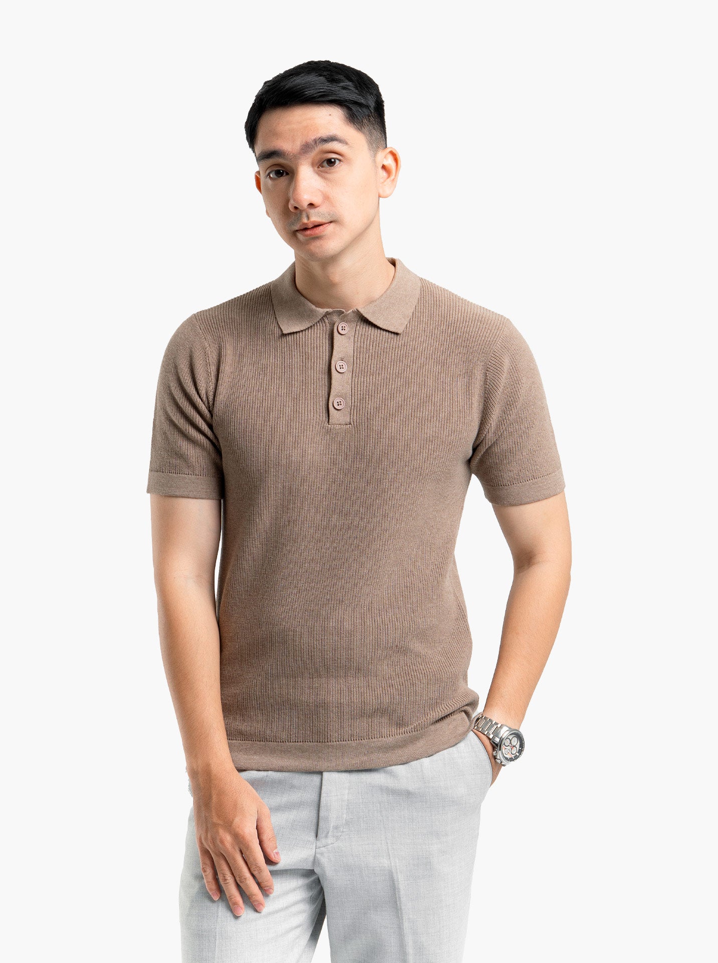 Gomuda Cord Polo Button Neck Khaki Knitwear