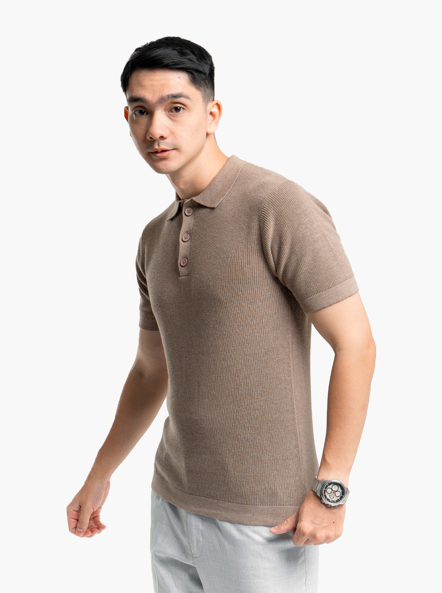 Gomuda Cord Polo Button Neck Khaki Knitwear