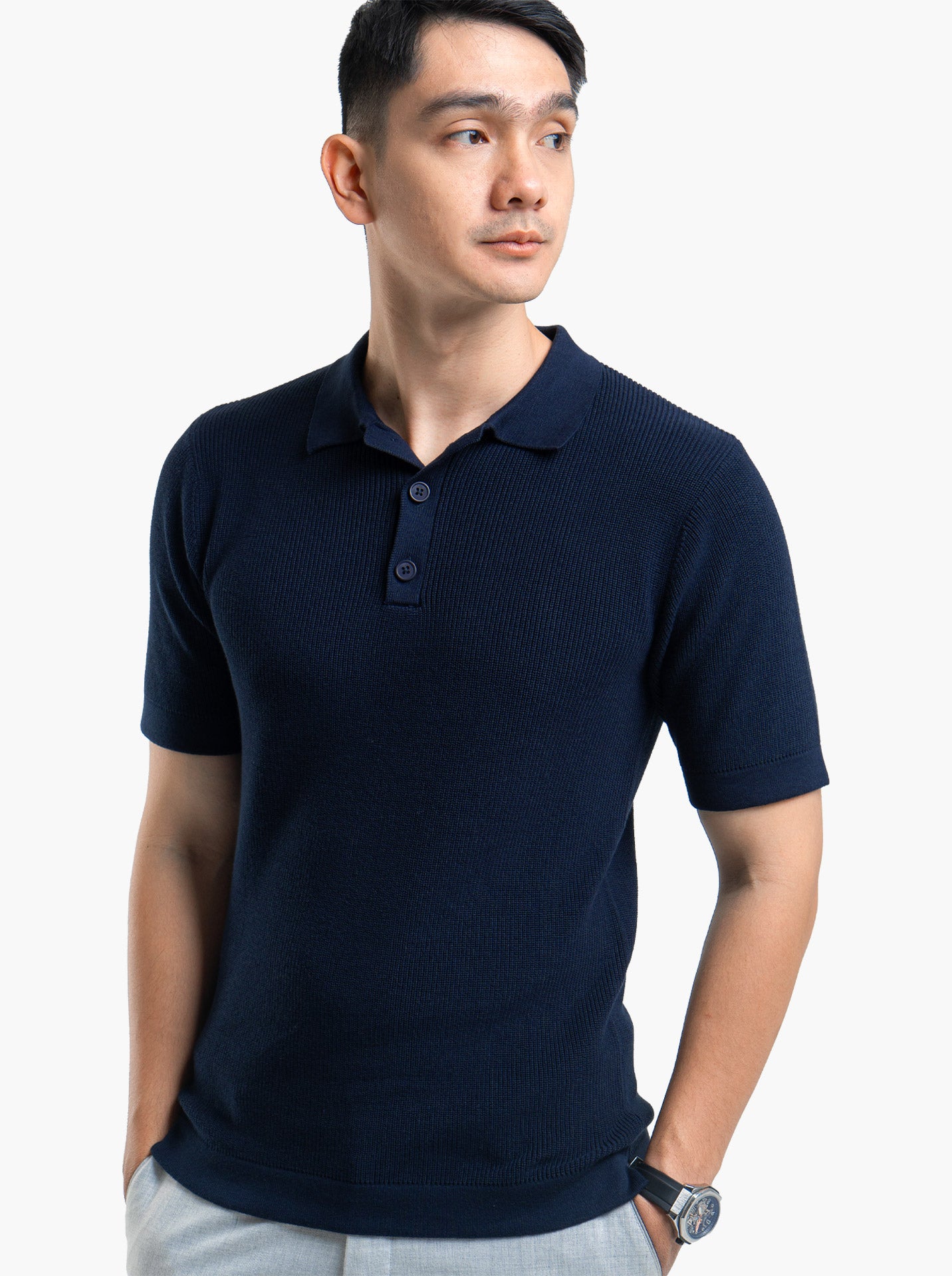 Gomuda Cord Polo Button Neck Navy Knitwear