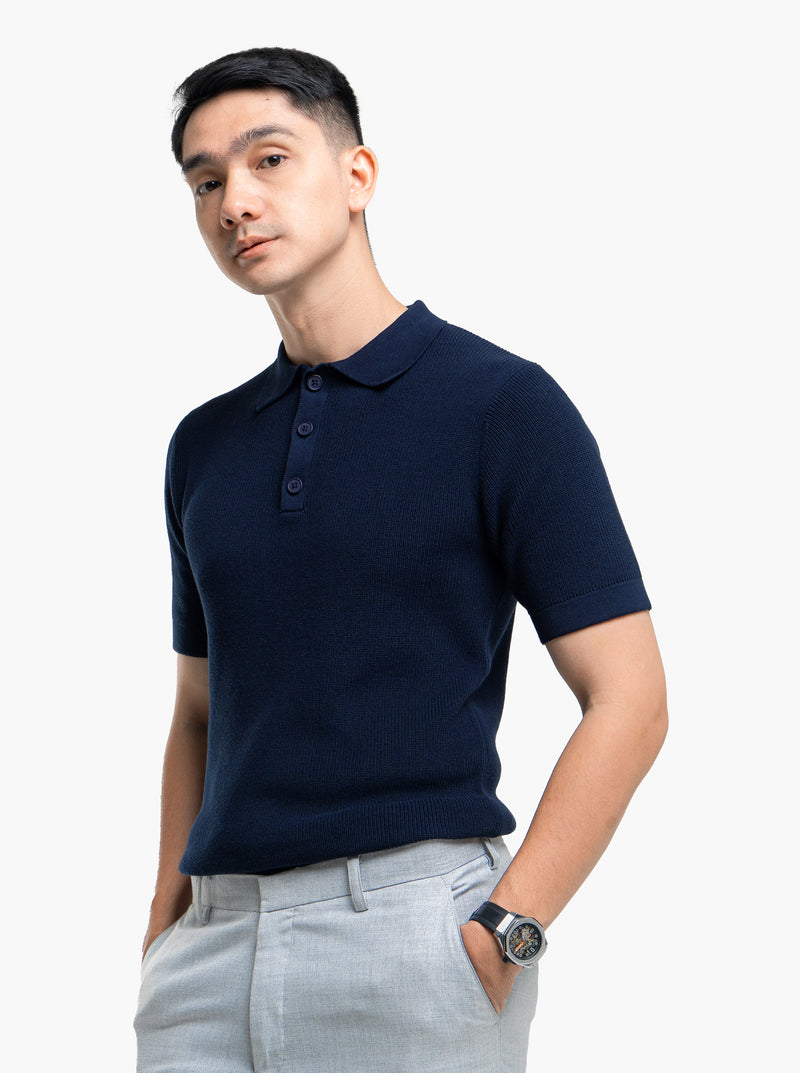 Gomuda Cord Polo Button Neck Navy Knitwear