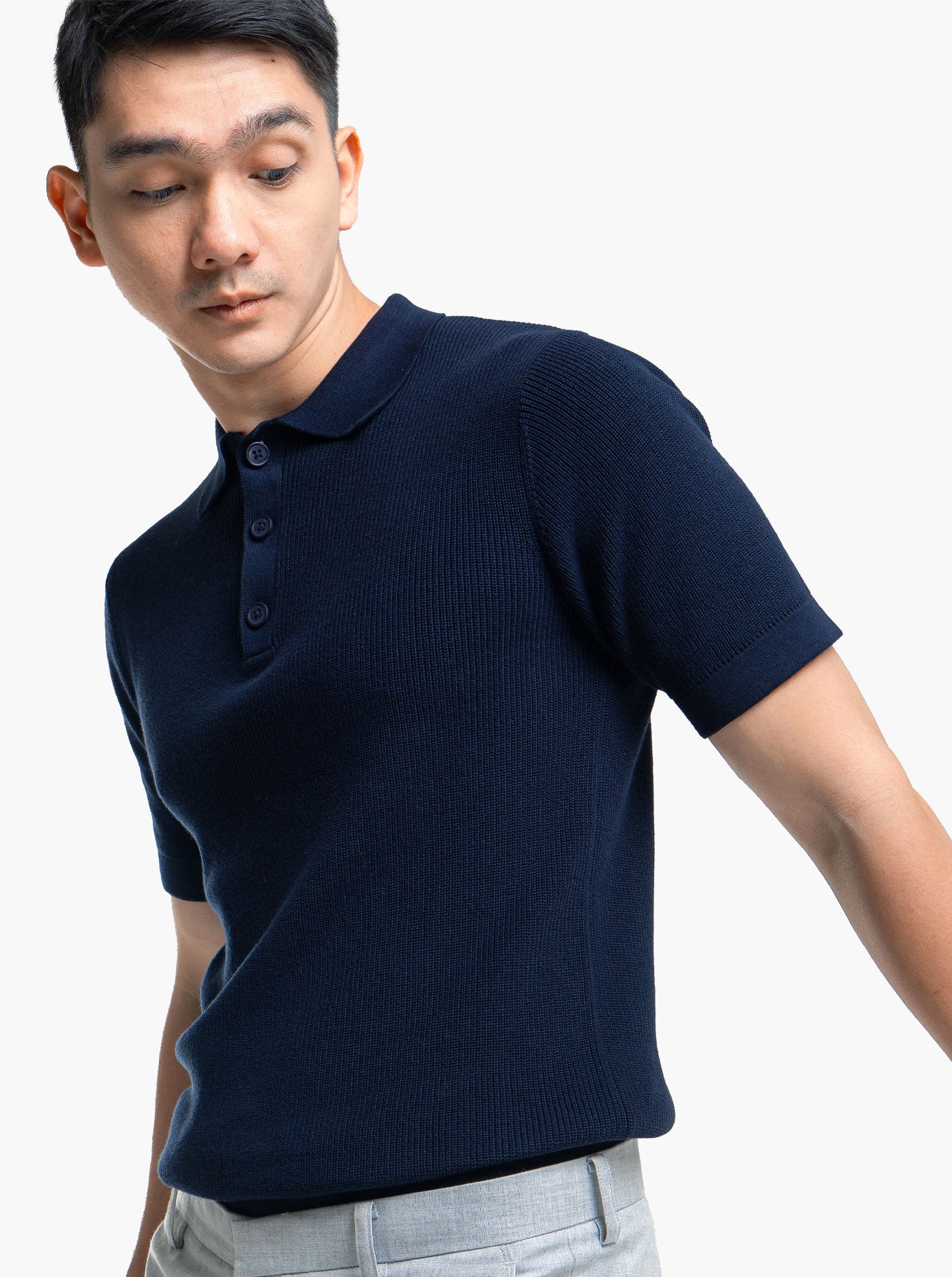 Gomuda Cord Polo Button Neck Navy Knitwear