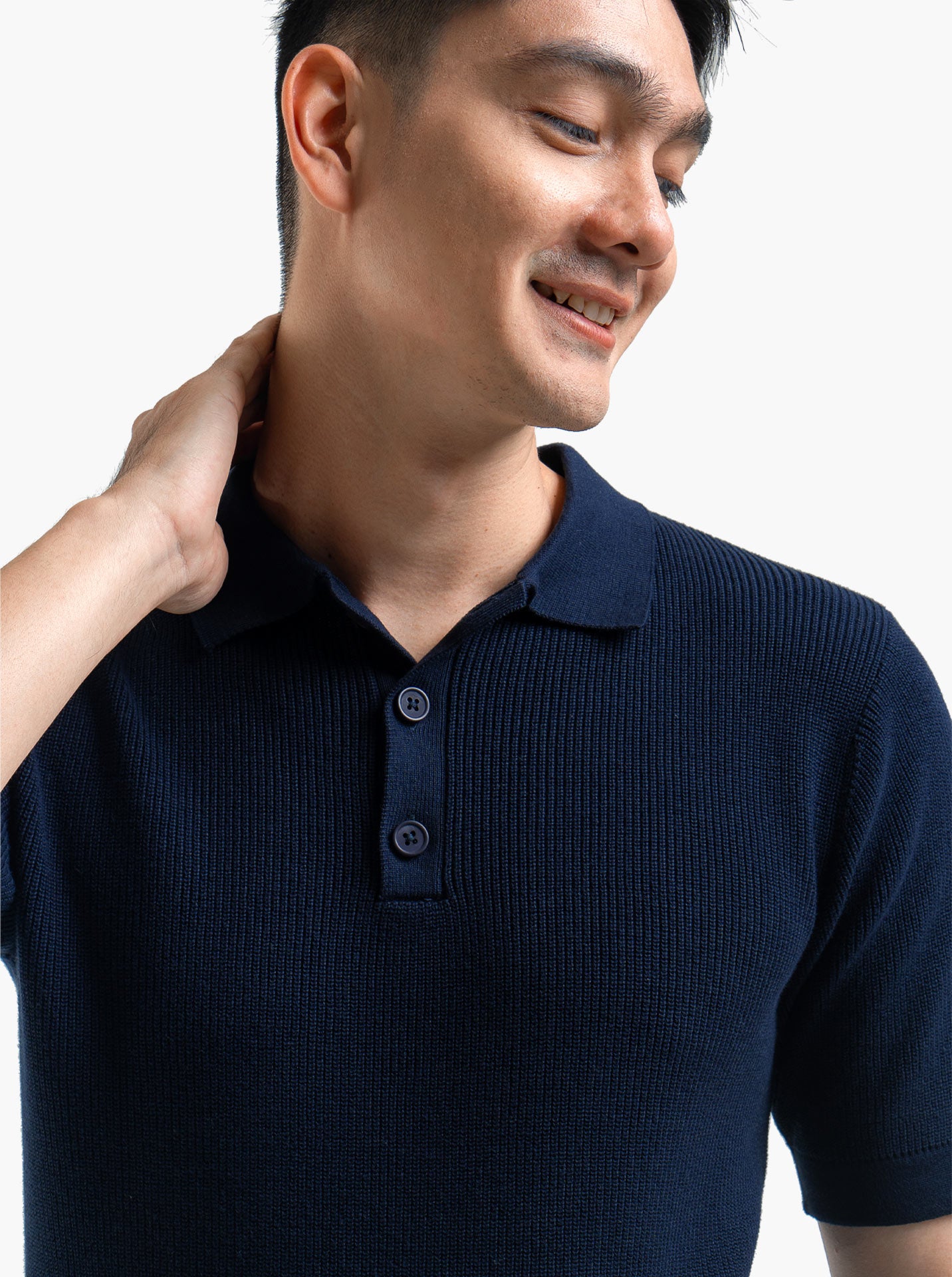 Gomuda Cord Polo Button Neck Navy Knitwear