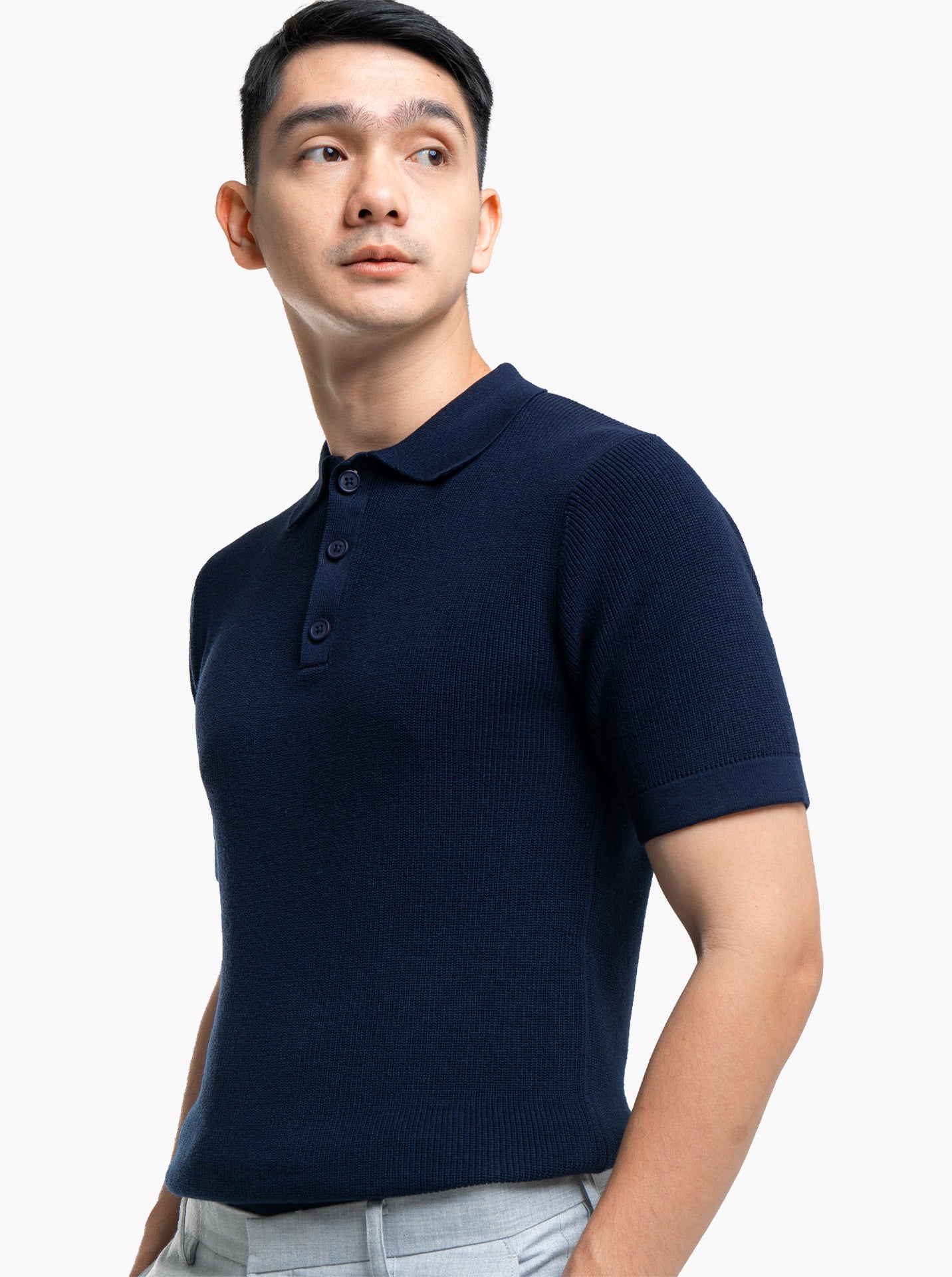 Gomuda Cord Polo Button Neck Navy Knitwear