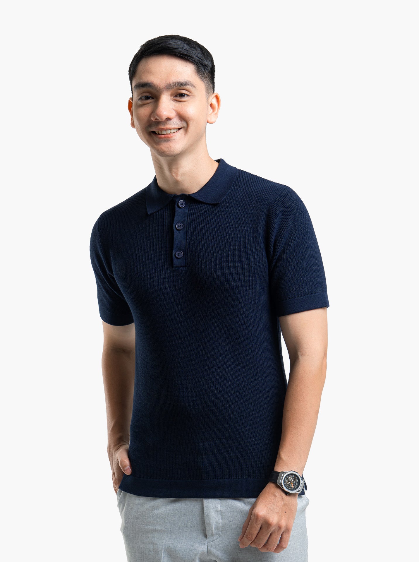 Gomuda Cord Polo Button Neck Navy Knitwear