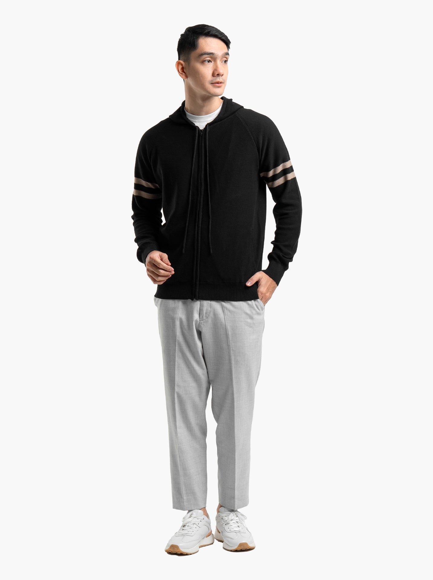 Gomuda Raglan Hoodie Full Zip Black Stripe Khaki Knitwear