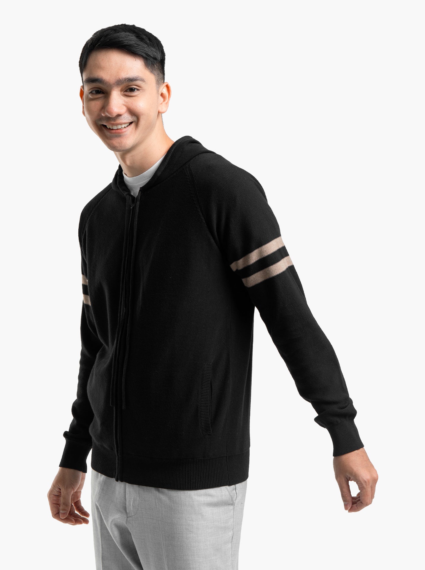Gomuda Raglan Hoodie Full Zip Black Stripe Khaki Knitwear