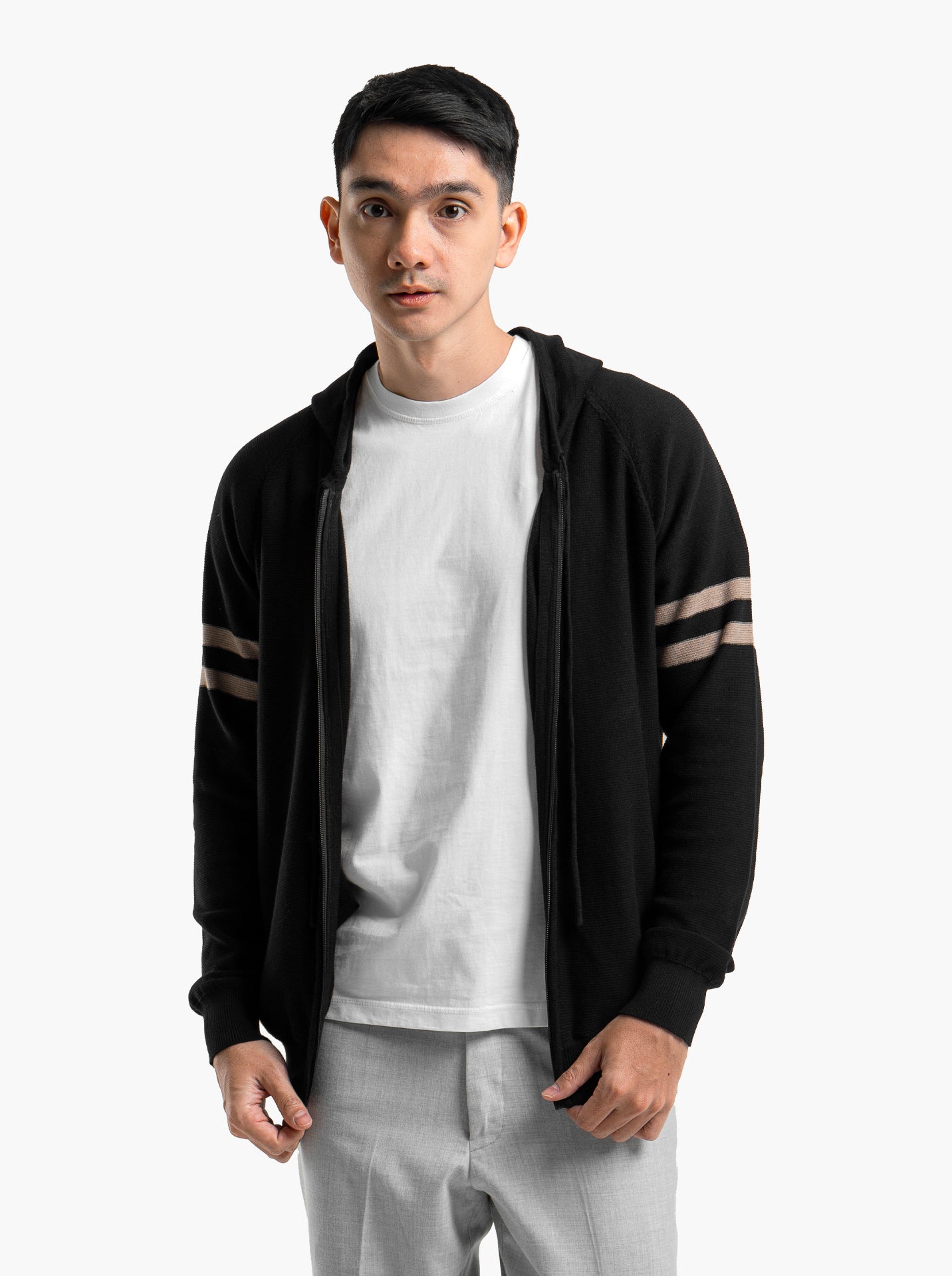 Gomuda Raglan Hoodie Full Zip Black Stripe Khaki Knitwear