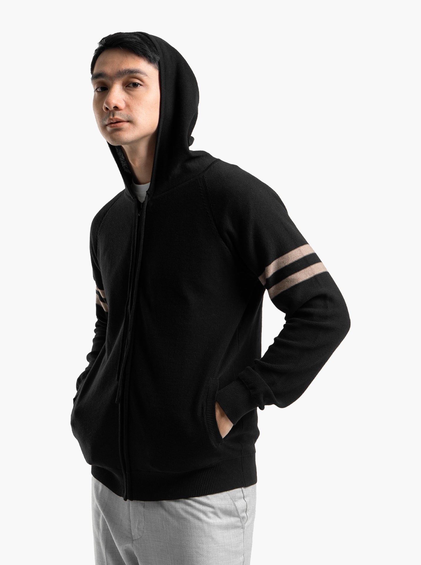 Gomuda Raglan Hoodie Full Zip Black Stripe Khaki Knitwear