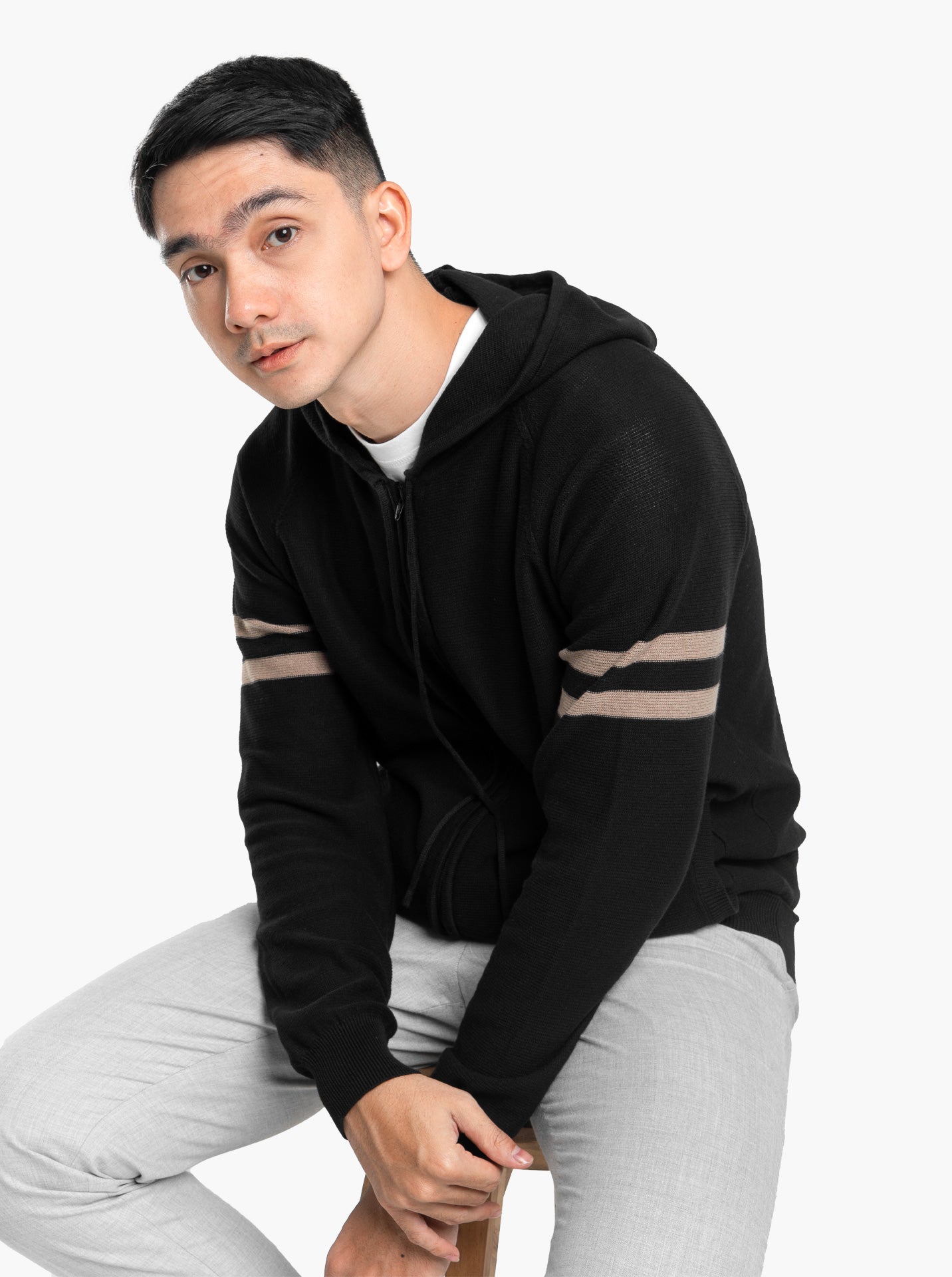 Gomuda Raglan Hoodie Full Zip Black Stripe Khaki Knitwear