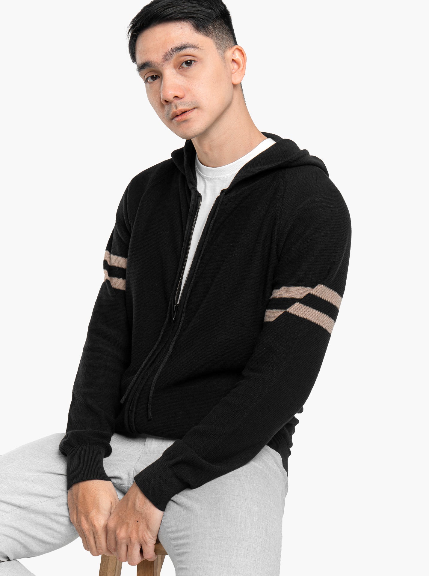 Gomuda Raglan Hoodie Full Zip Black Stripe Khaki Knitwear