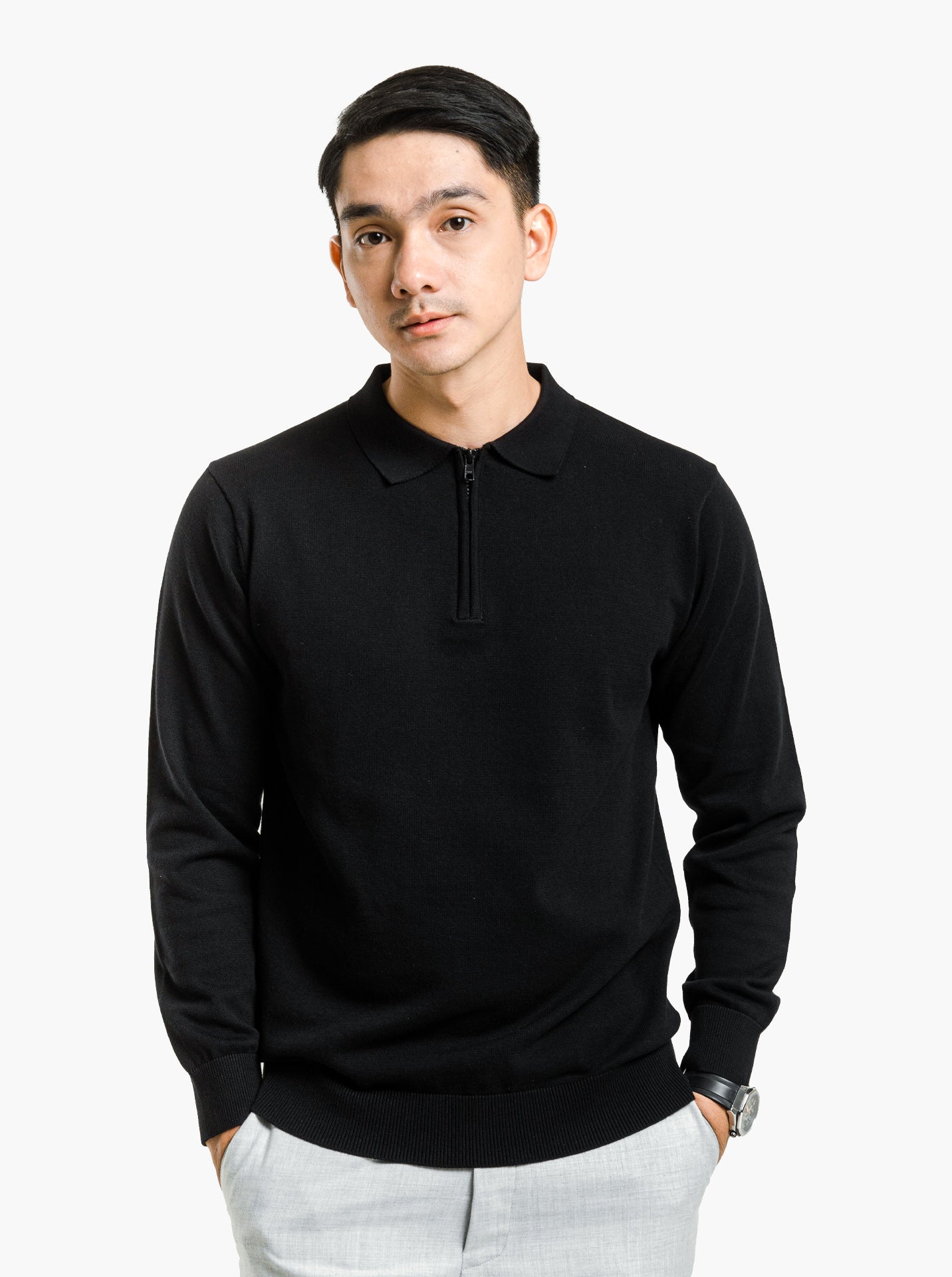 Black Polo Zip Neck Long Sleeve Knitwear