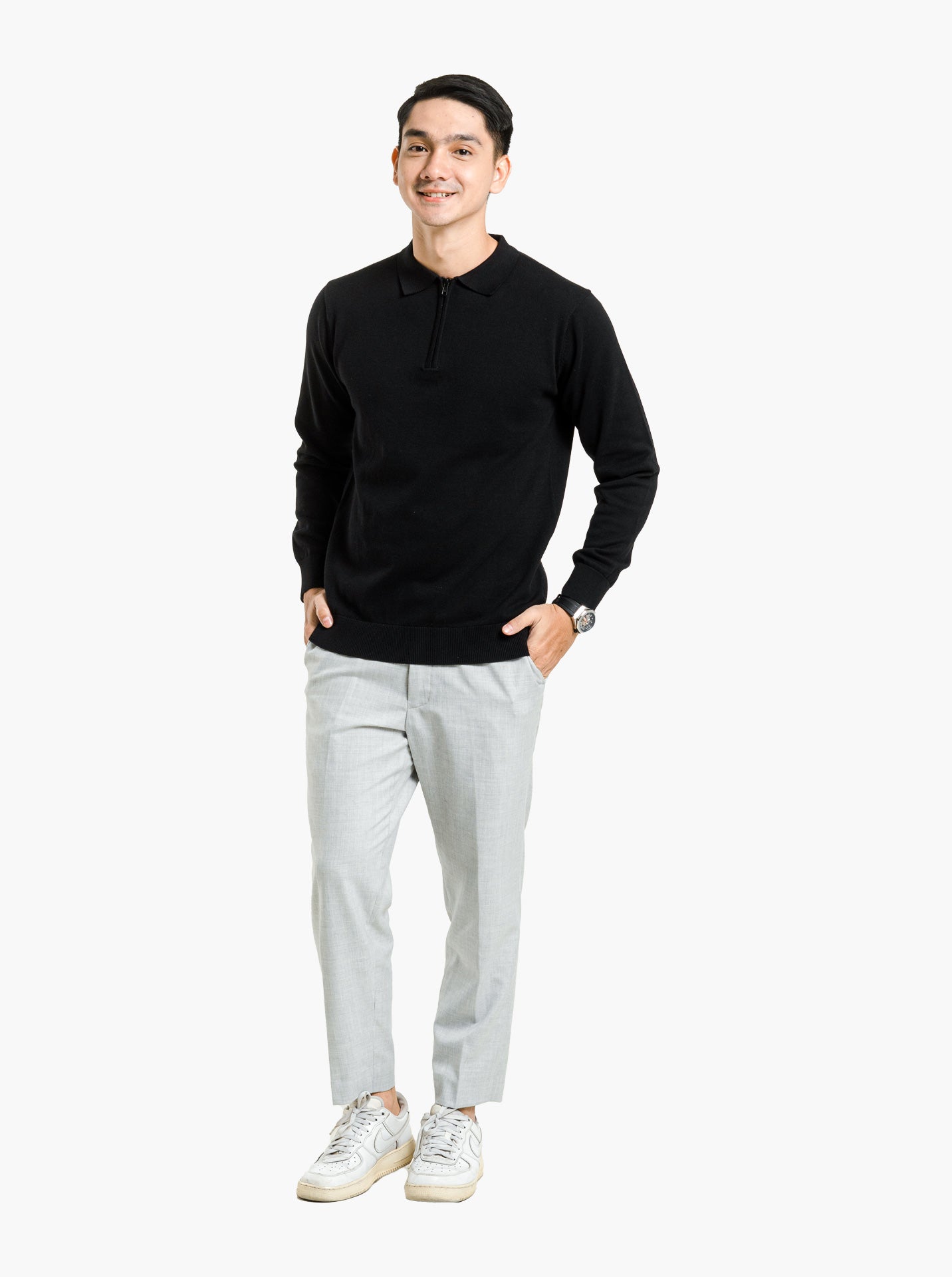 Black Polo Zip Neck Long Sleeve Knitwear