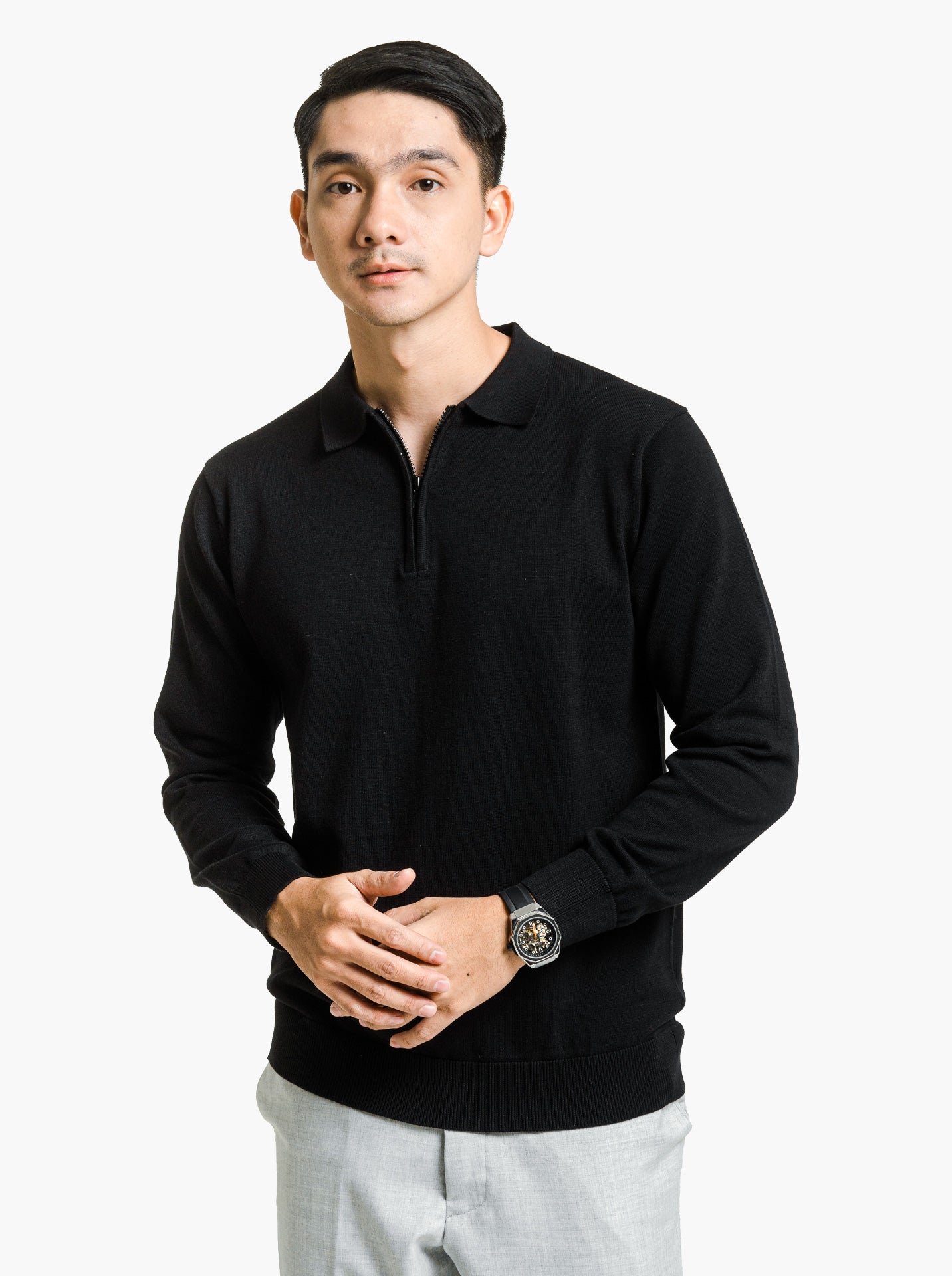 Black Polo Zip Neck Long Sleeve Knitwear