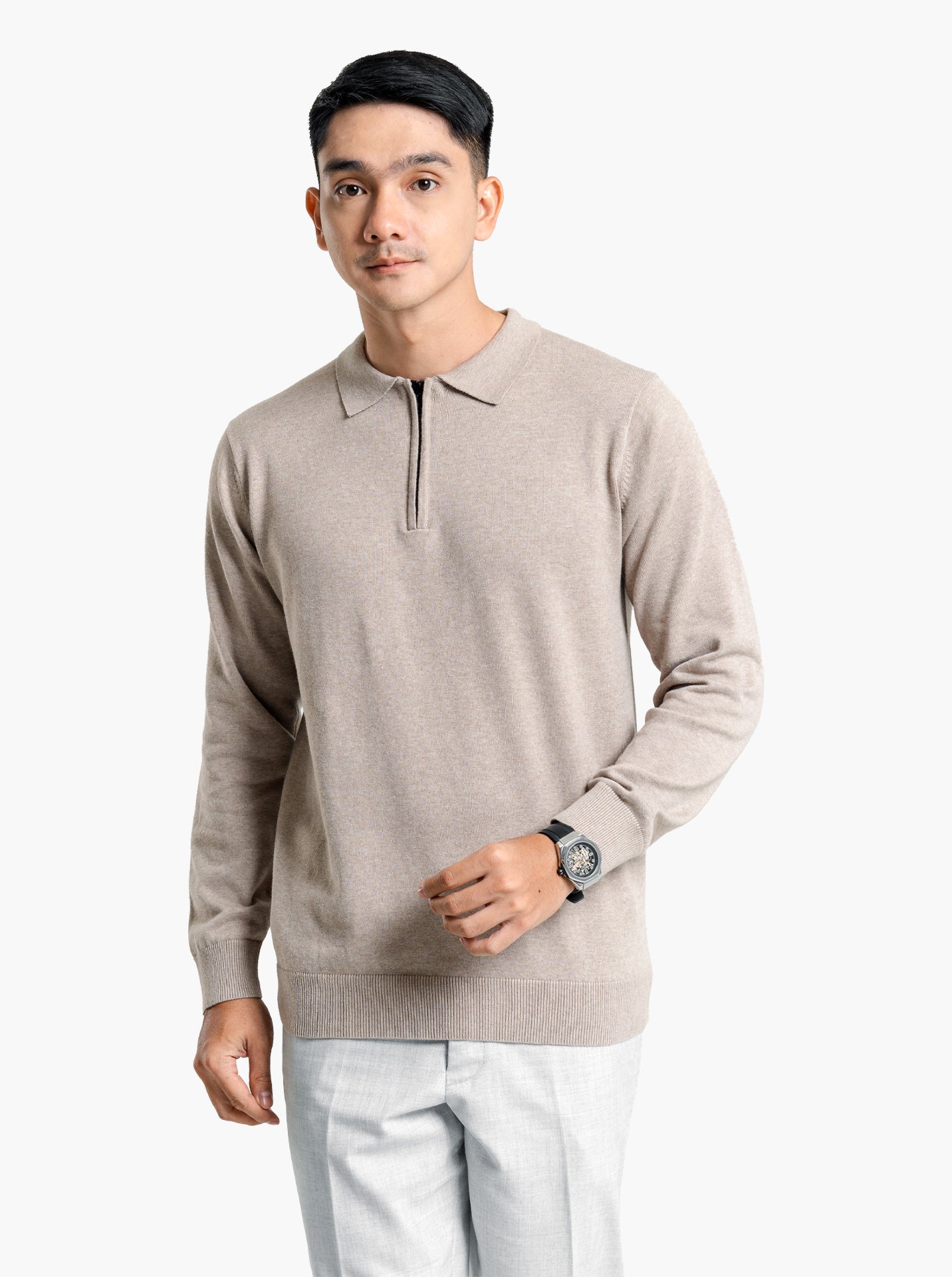 Polo-Zip-Neck-Long-Sleeve-Knitwear-Gomuda