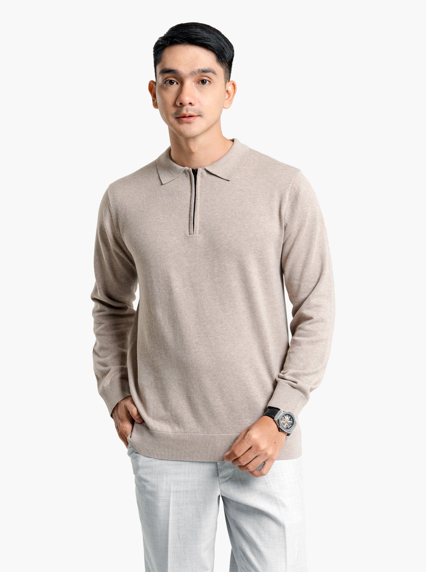 Polo-Zip-Neck-Long-Sleeve-Knitwear-Gomuda
