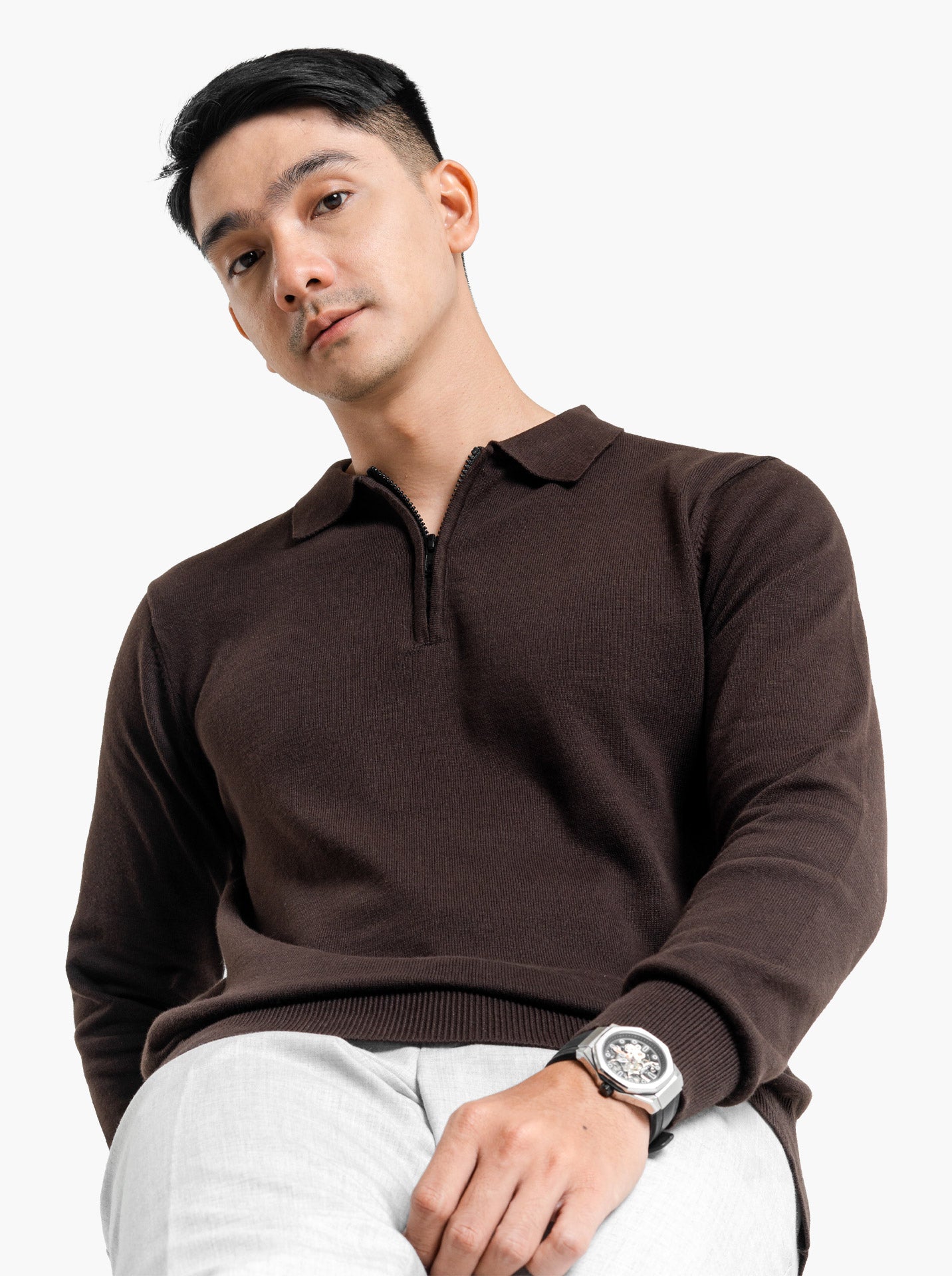 Polo-Zip-Neck-Long-Sleeve-Knitwear-Gomuda
